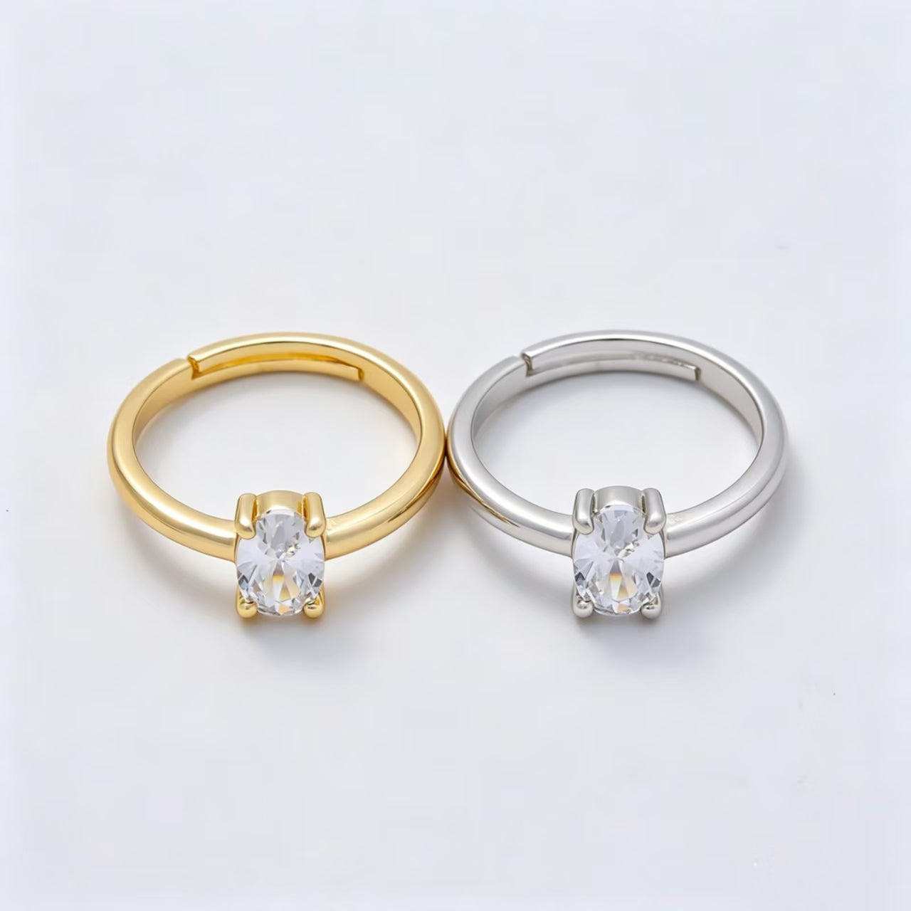 16K Gold Filled Clear Oval CZ Solitaire Adjustable Ring in Gold & Silver | Rings-00147 Rings-00148