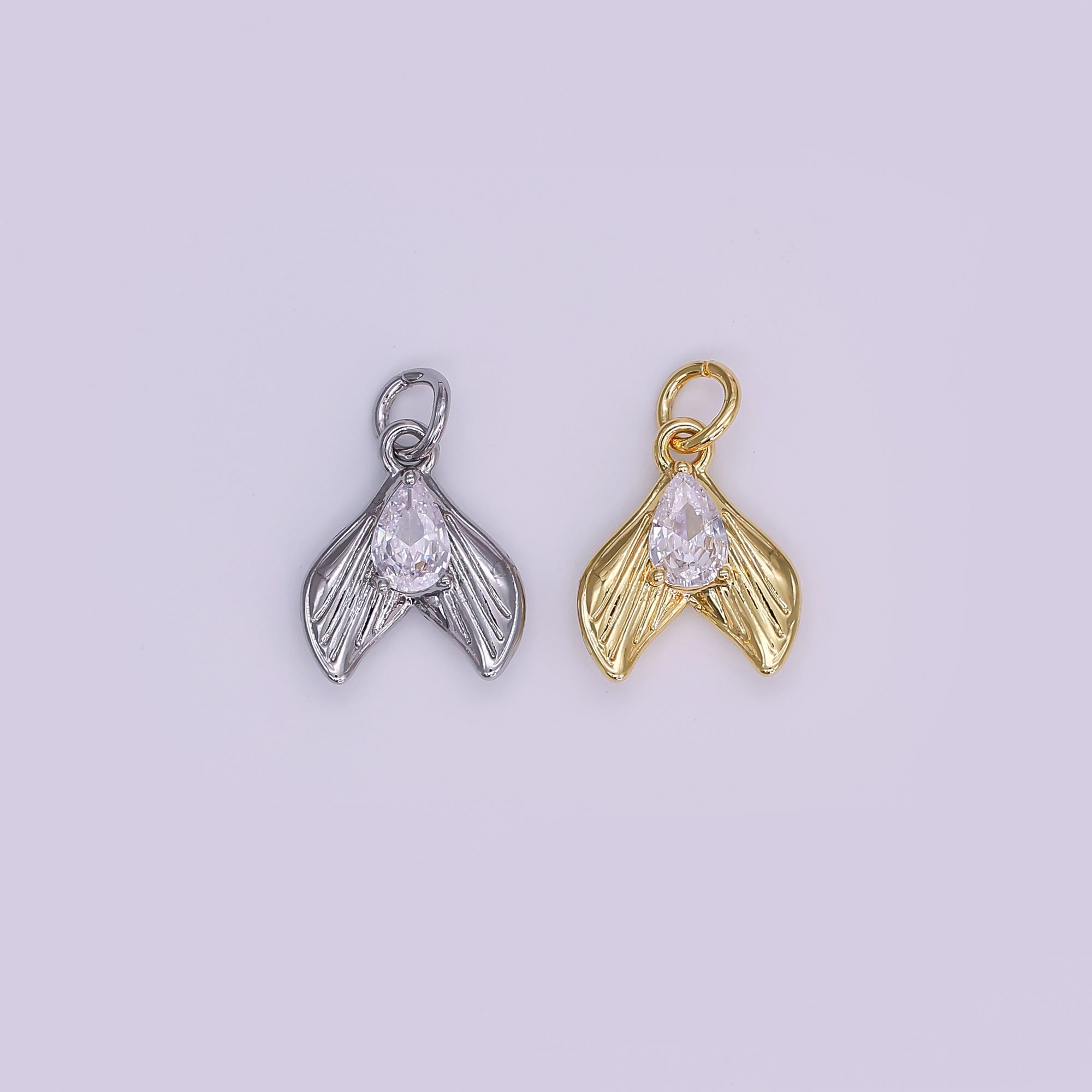 24K Gold Filled 13.5mm Clear CZ Teardrop Lined Fish Tail Charm in Gold & Silver | N858
