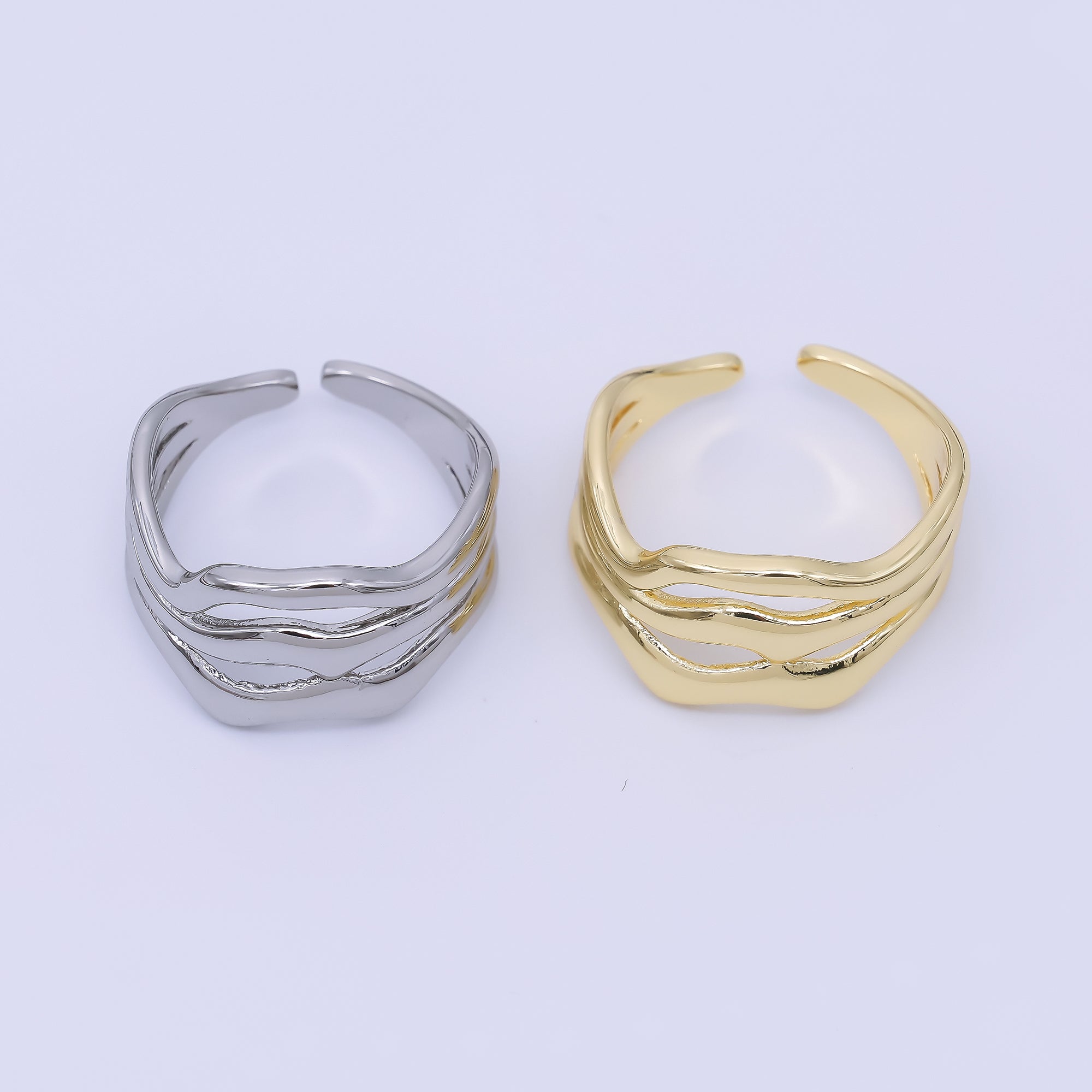 24K Gold Filled Geometric Triple Molten Band Ring in Gold & Silver | O1621 O1620