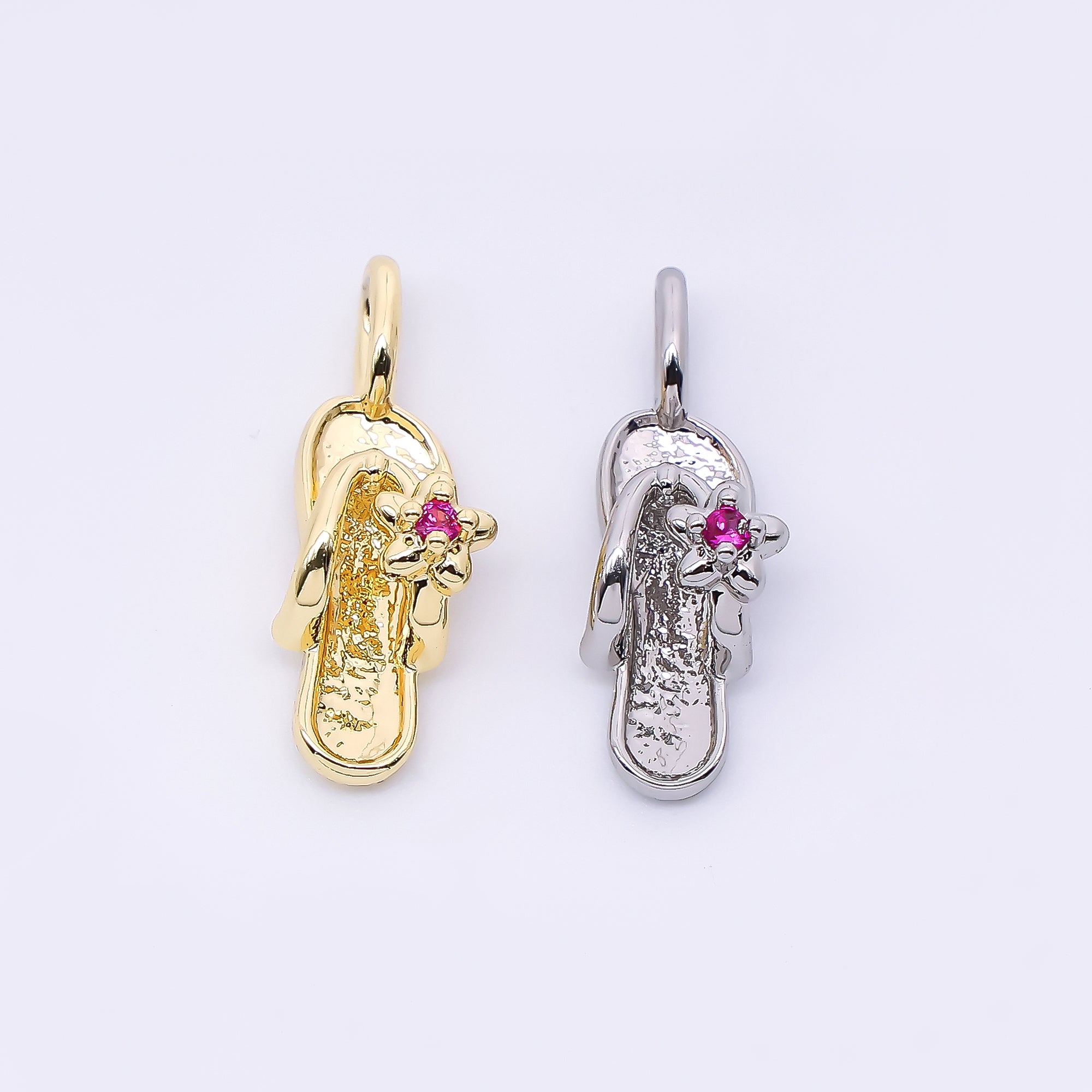 24K Gold Filled 14mm Fuchsia Flower CZ Flip Flop Sandals Pendant in Gold & Silver | AH528