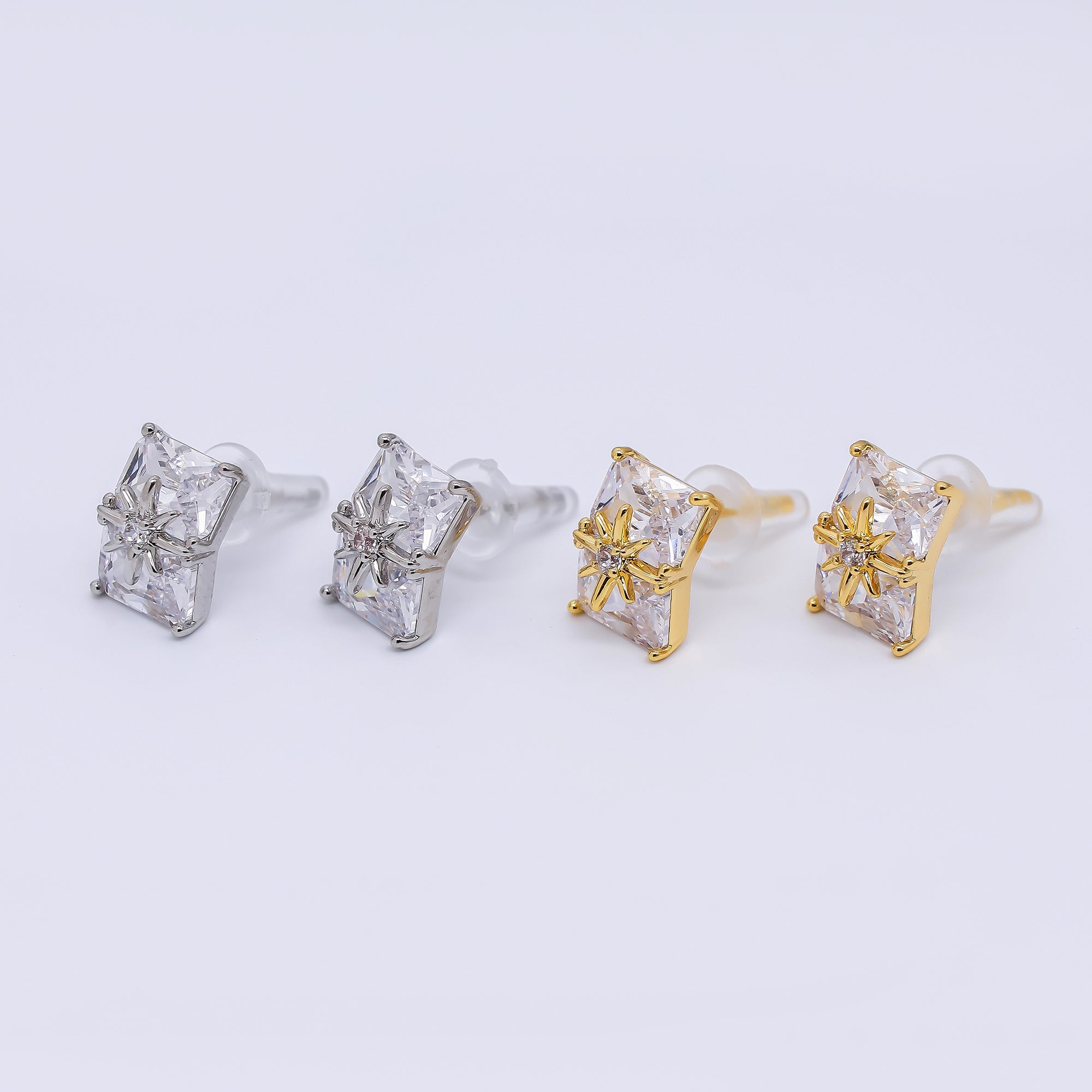 24K Gold Filled 11mm Clear CZ Baguette North Star Stud Earrings in Gold & Silver | AE734 AE741