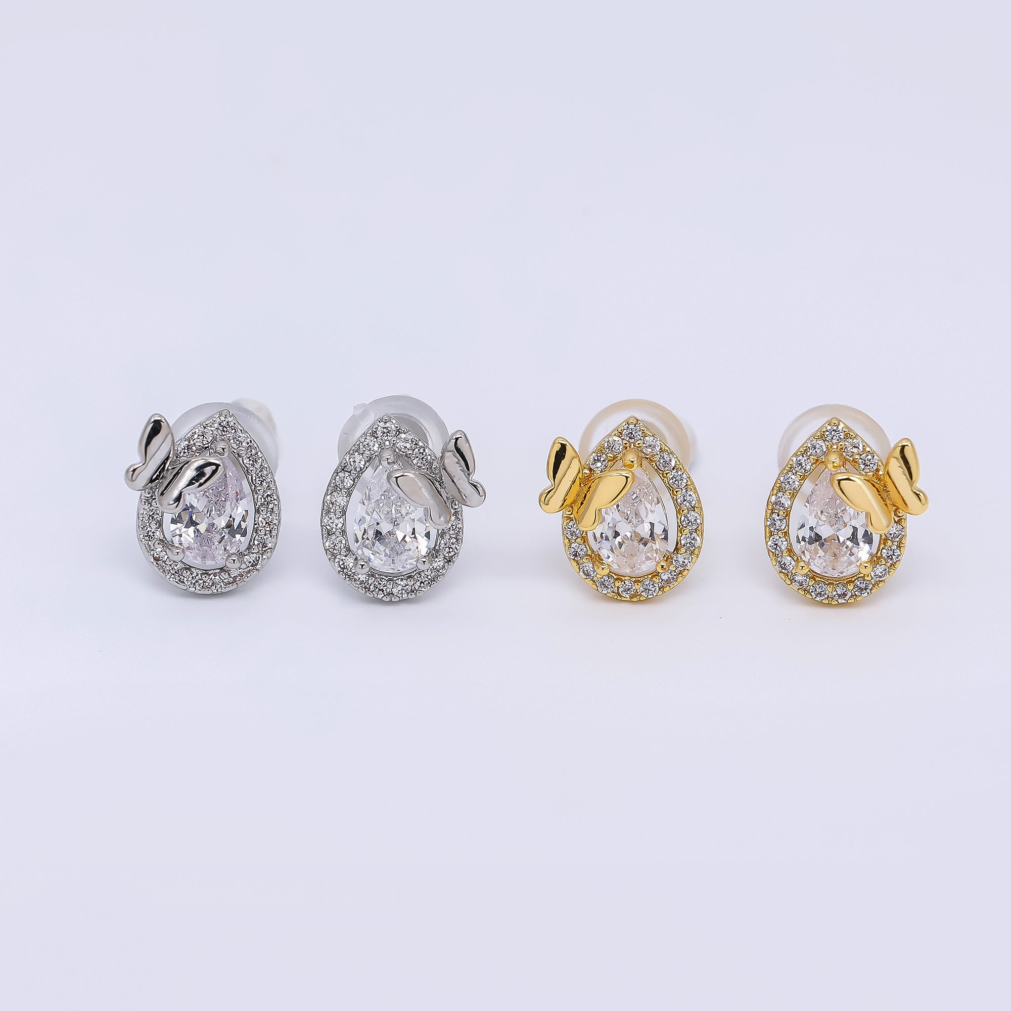 24K Gold Filled 10mm Clear CZ Micro Paved Butterfly Teardrop Stud Earrings in Gold & Silver | AE689 AE712