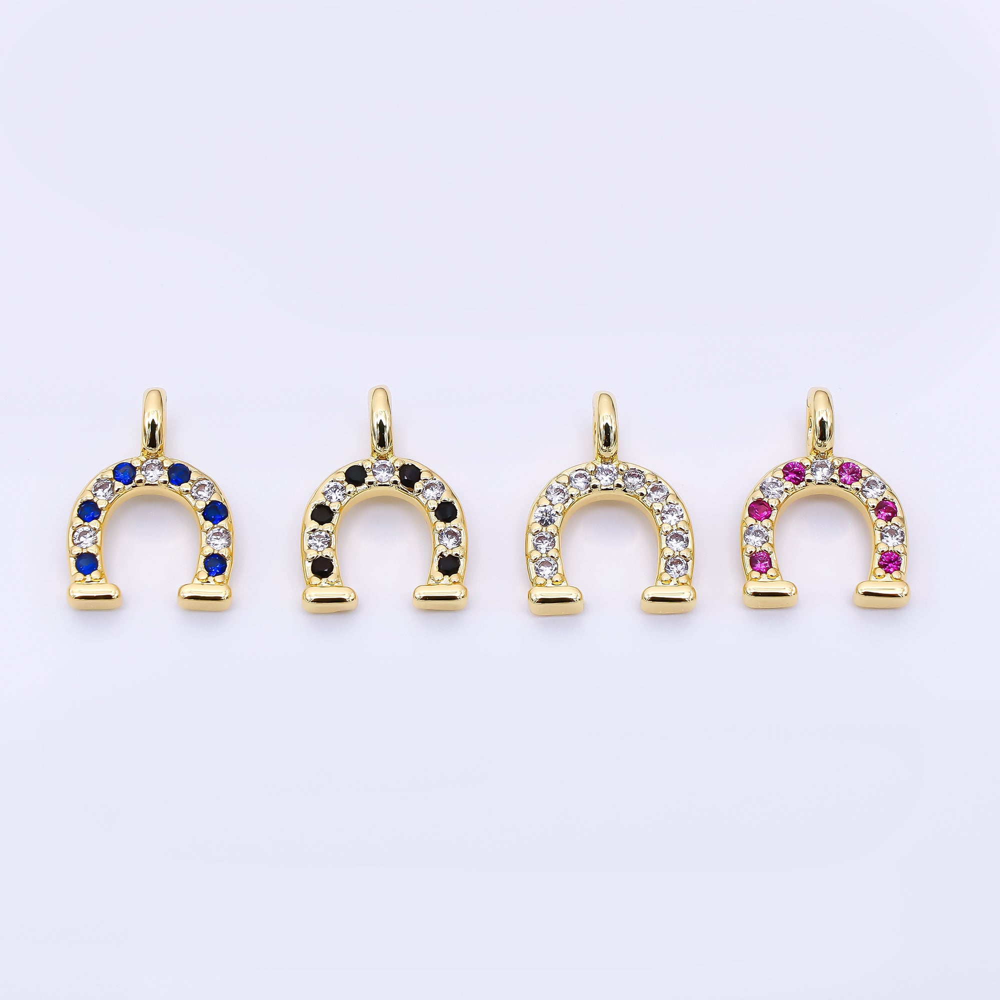 24K Gold Filled 12mm Black, Clear, Blue, Red Micro Paved CZ Horseshoe Charm | AH557 - AH558