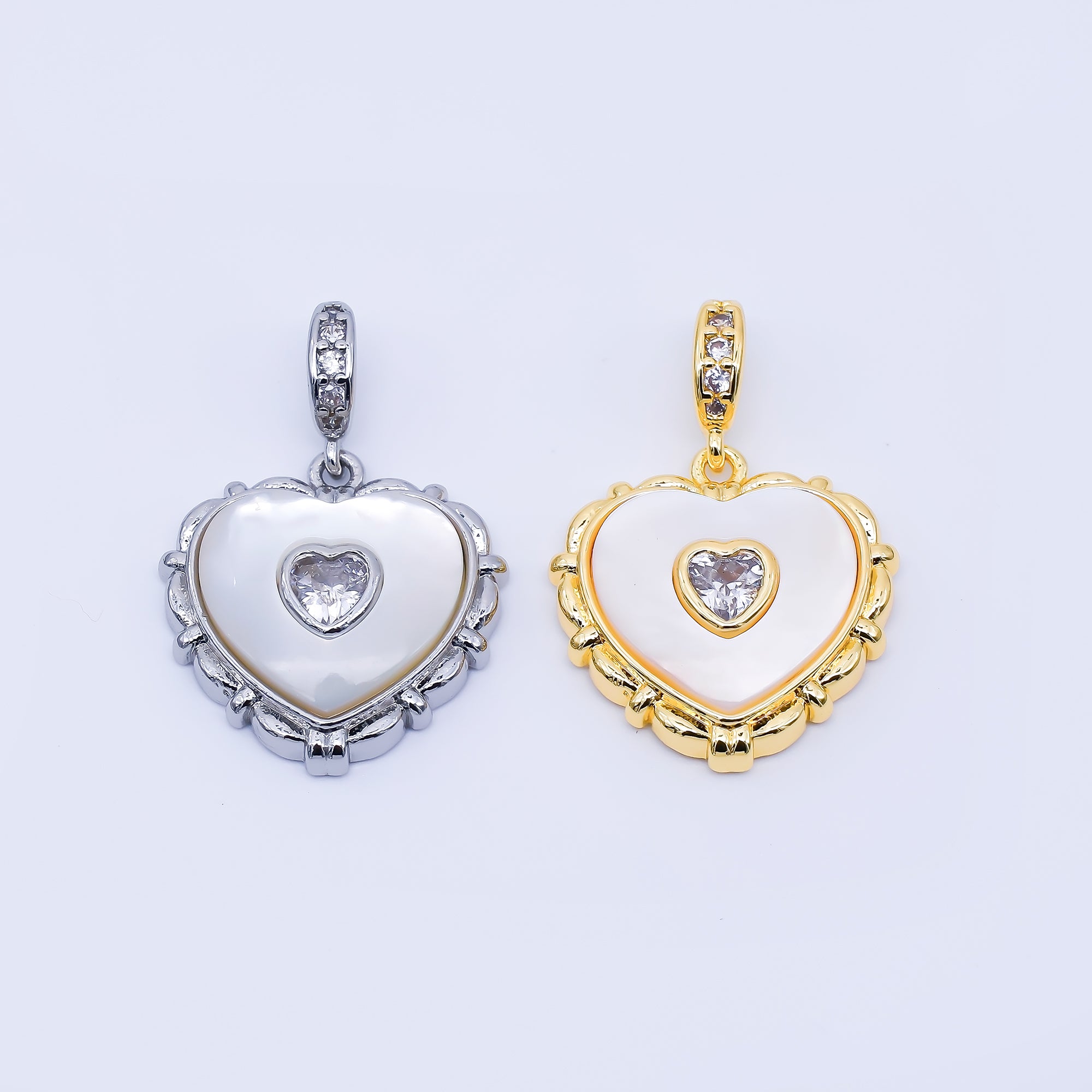 24K Gold Filled 18mm Clear Micro Paved CZ Shell Pearl Bezel Heart Pendant in Gold & Silver | AA1682
