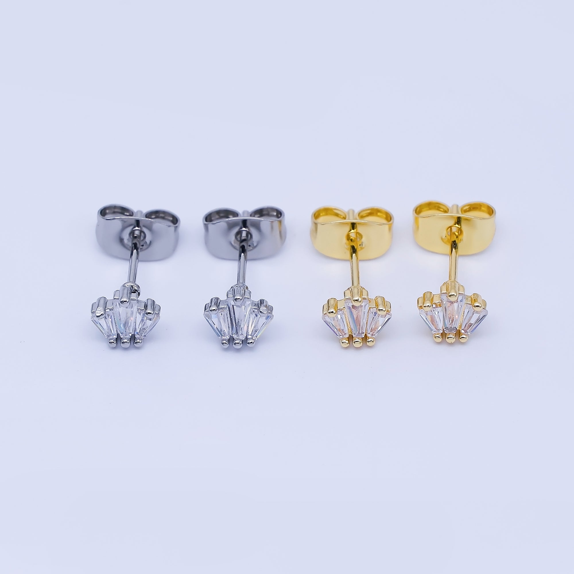 24K Gold Filled Triple Clear Baguette Stud Earrings in Silver & Gold | AB1632 AB1633