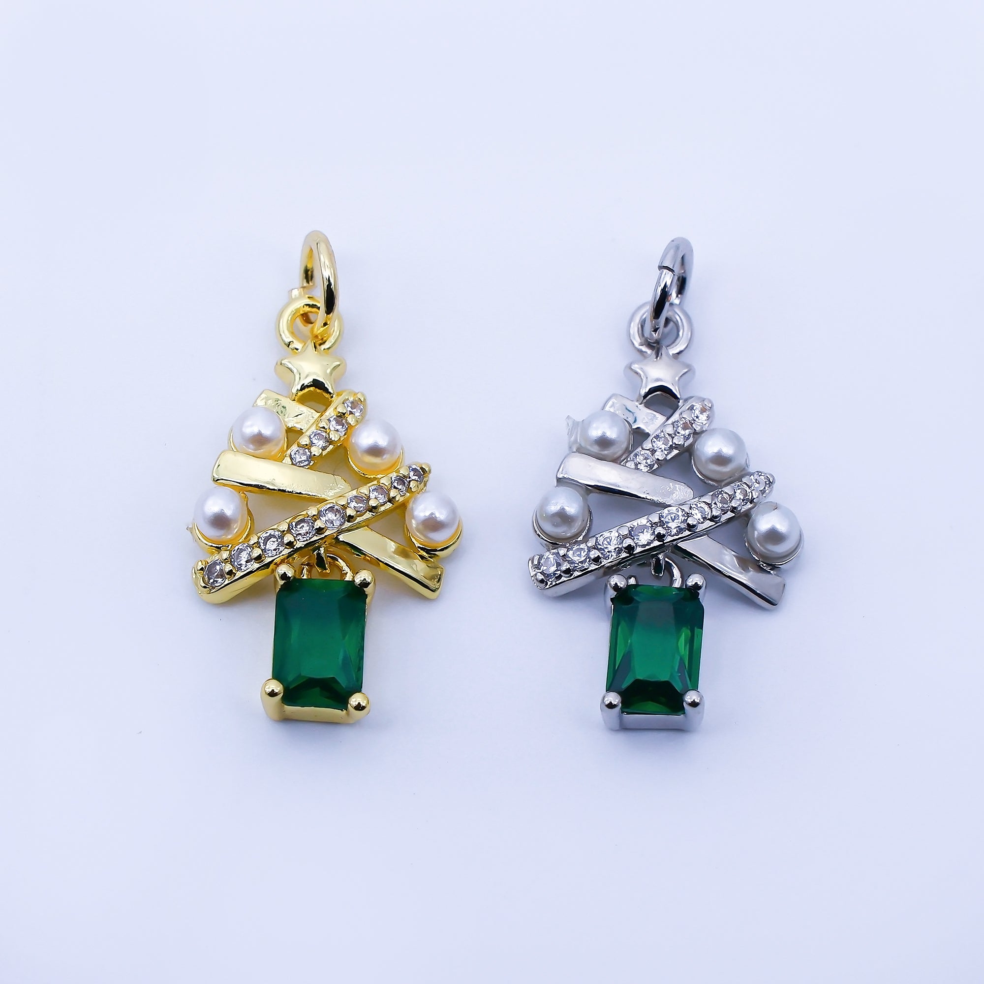 24K Gold Filled Green Baguette CZ Micro Paved Shell Pearl Christmas Tree Charm in Gold & Silver | C940