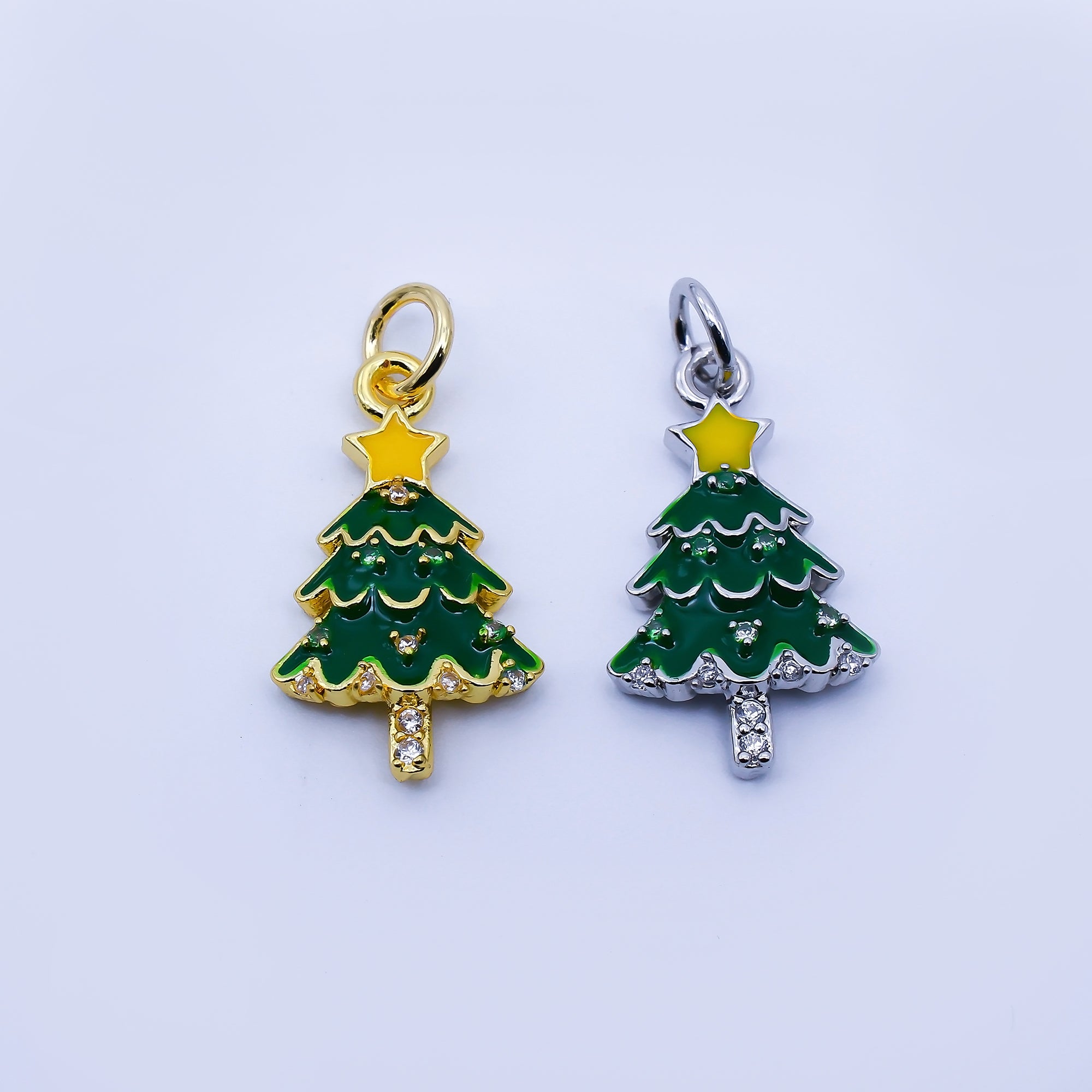 24K Gold Filled Clear CZ Green Enamel Christmas Tree Charm in Gold & Silver | C938