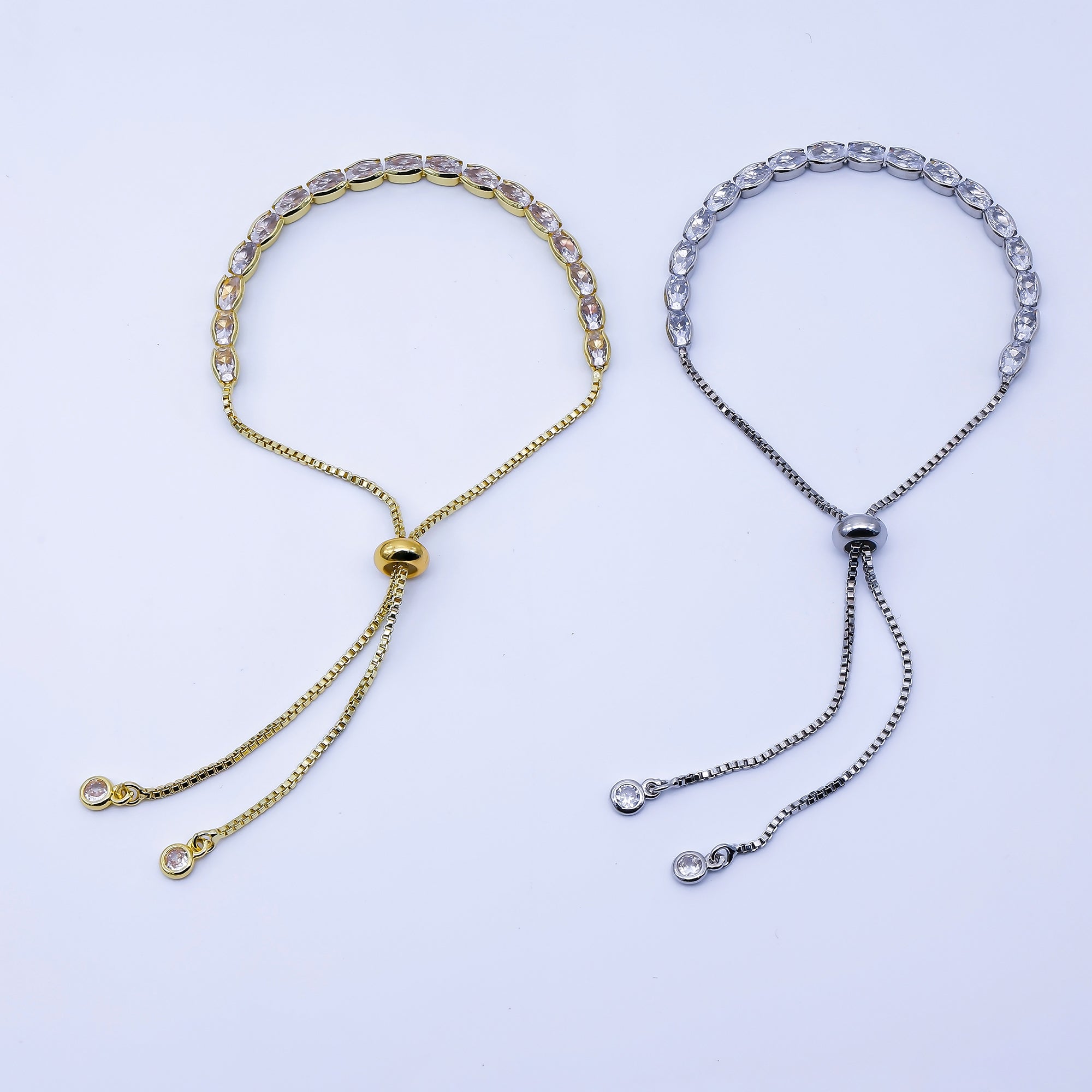 24K Gold Filled Oval CZ Tennis Chain Bolo Slide Adjustable Bracelet in Gold & Silver | WA-03902 WA-03903