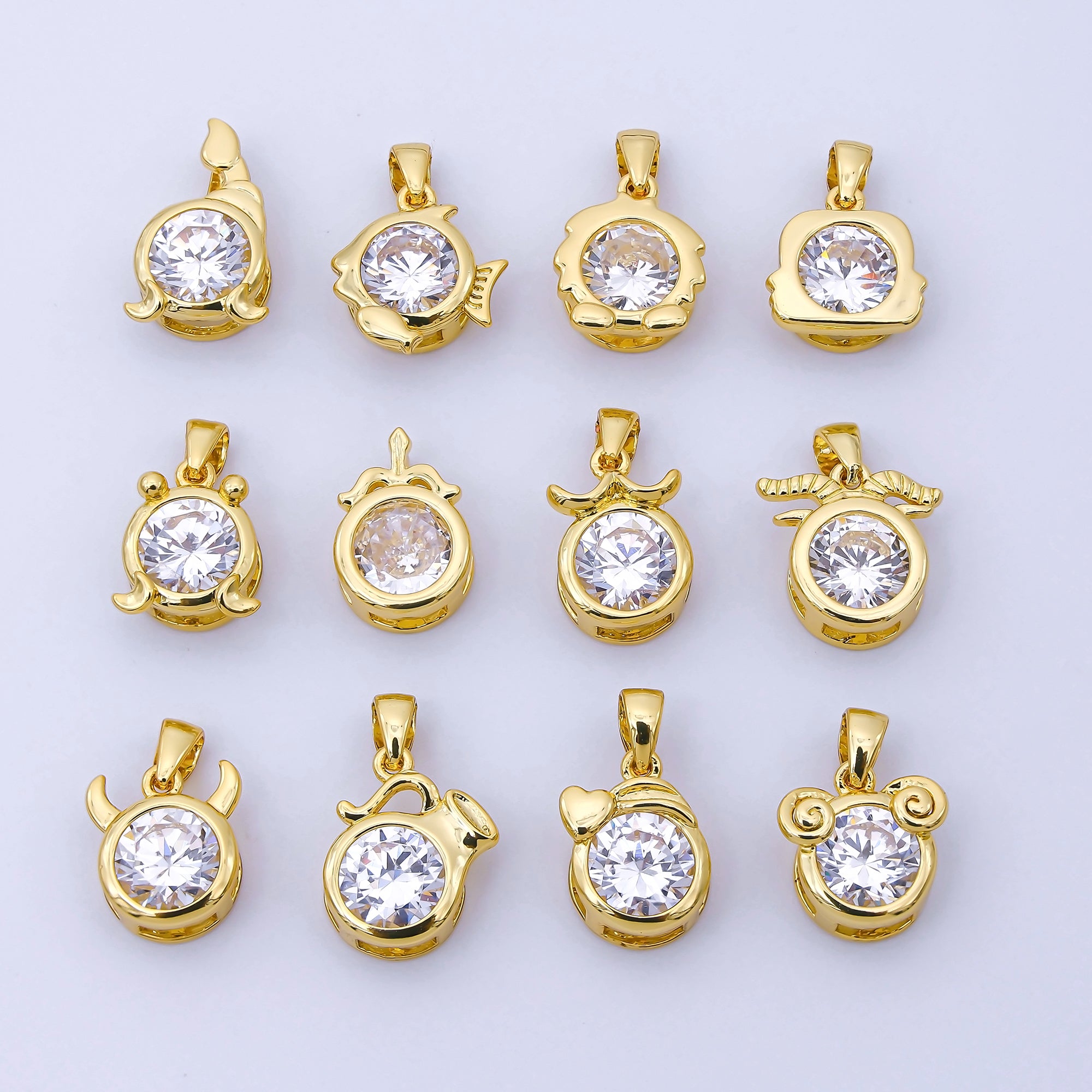 24K Gold Filled 15mm Clear CZ Zodiac Sign Pendant | A1352 - A1357