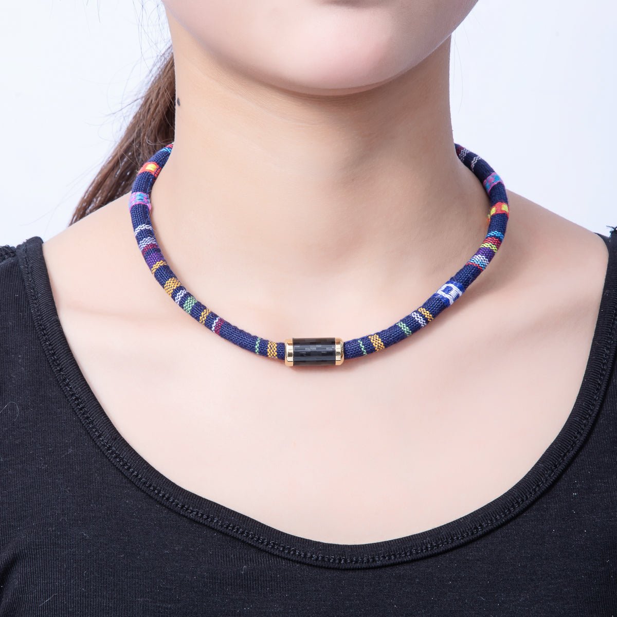 10mm Blue Multicolor Embroidered Fabric Cord 16.54 Inch Necklace | WA - 3955 - DLUXCA