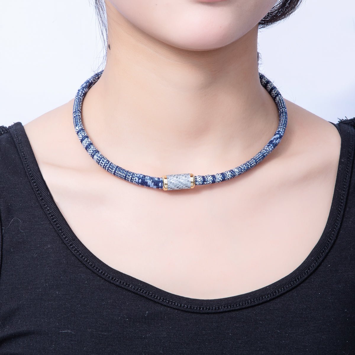 10mm Blue Woven Embroidered Fabric Cord 16.54 Inch Necklace | WA - 3957 - DLUXCA