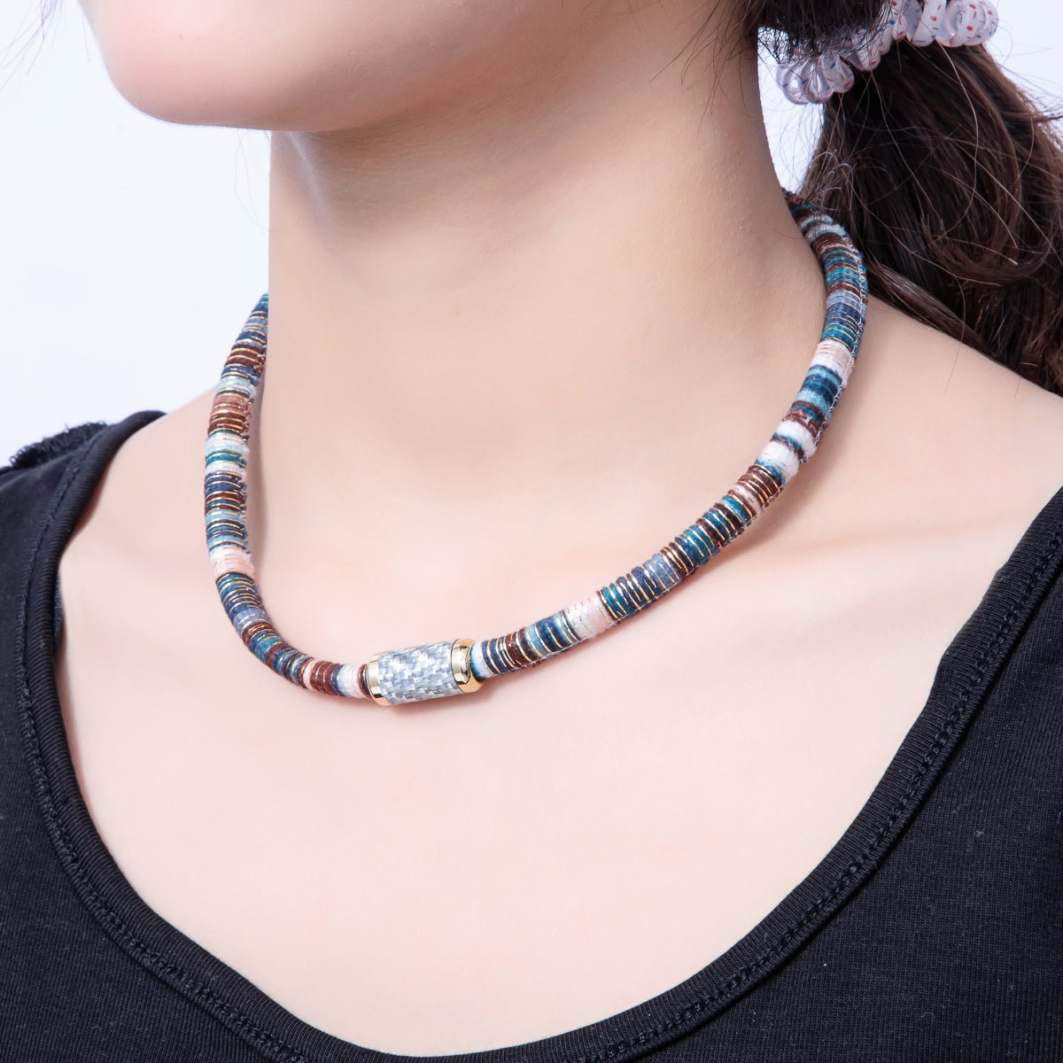 10mm Multicolor Gold - Lined Embroidered Fabric Cord 16.54 Inch Necklace | WA - 3959 - DLUXCA