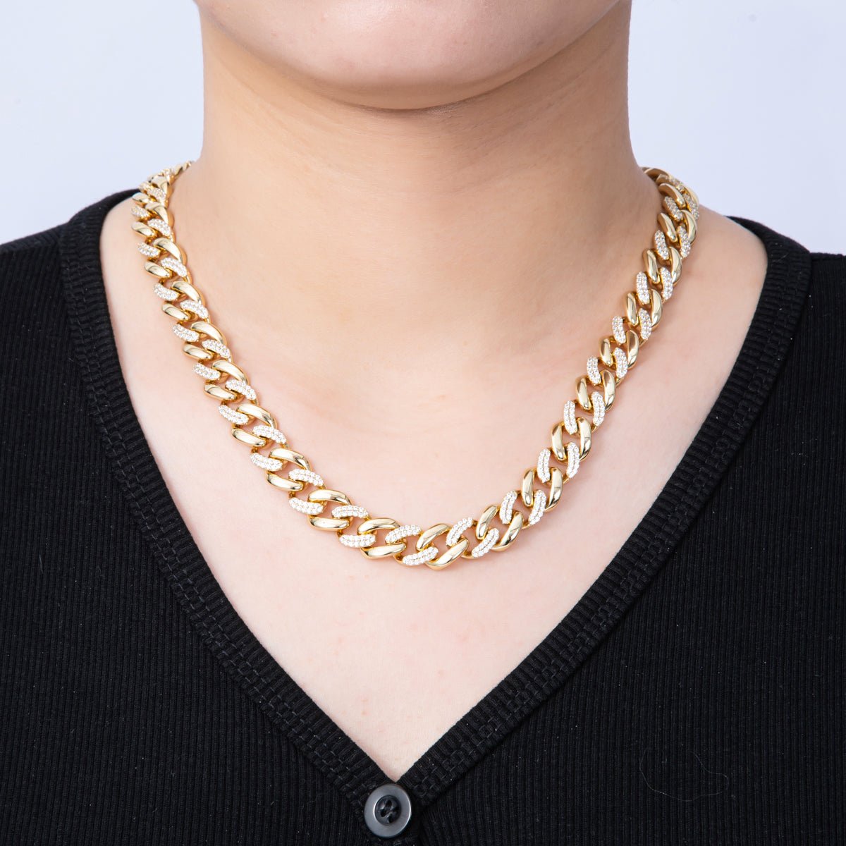 14K Gold Filled 10mm Clear Micro Paved CZ Curb Chain 19.5 Inch Adjustable Necklace | WA - 4096 - DLUXCA