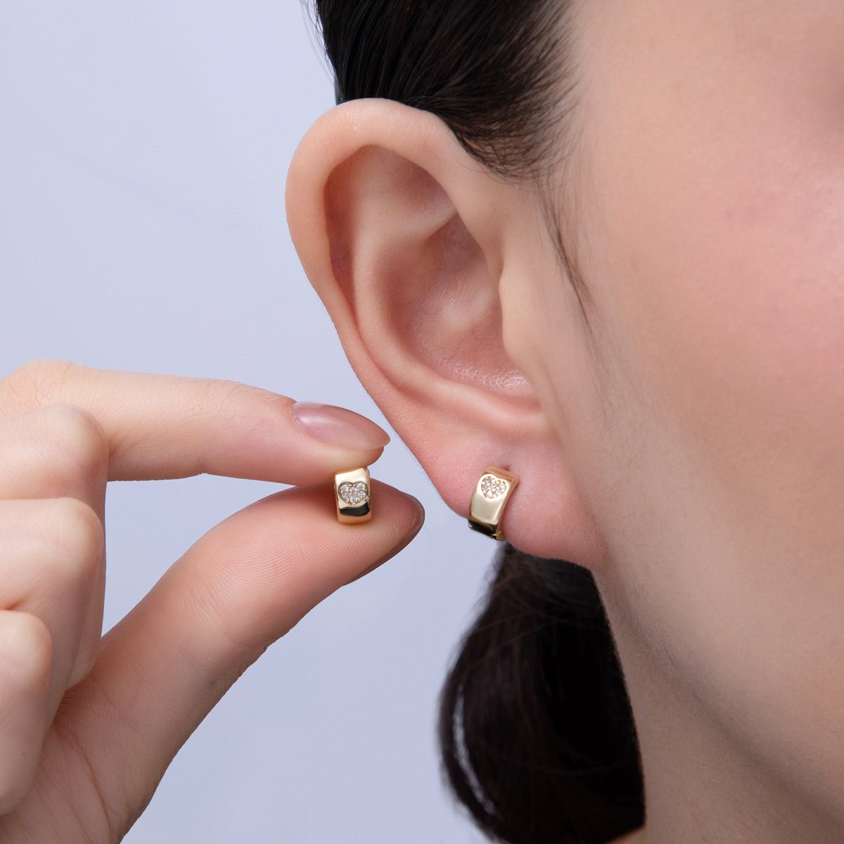 14K Gold Filled 10mm Heart Micro Paved CZ Wide Cartilage Huggie Earrings | Earrings - 00072 - DLUXCA