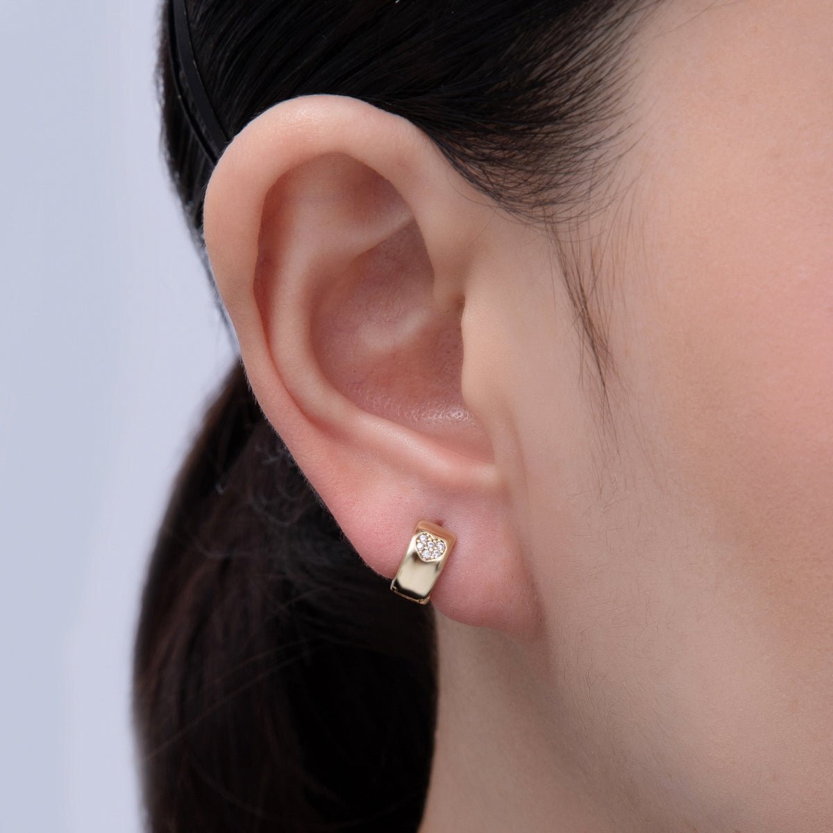 14K Gold Filled 10mm Heart Micro Paved CZ Wide Cartilage Huggie Earrings | Earrings - 00072 - DLUXCA