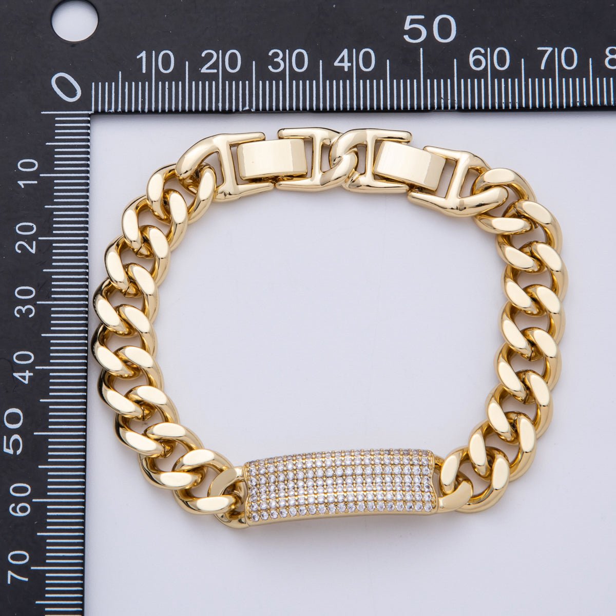 14K Gold Filled 10mm Micro Paved CZ Bar Curb Chain 8 Inch Bracelet | WA - 04099 - DLUXCA
