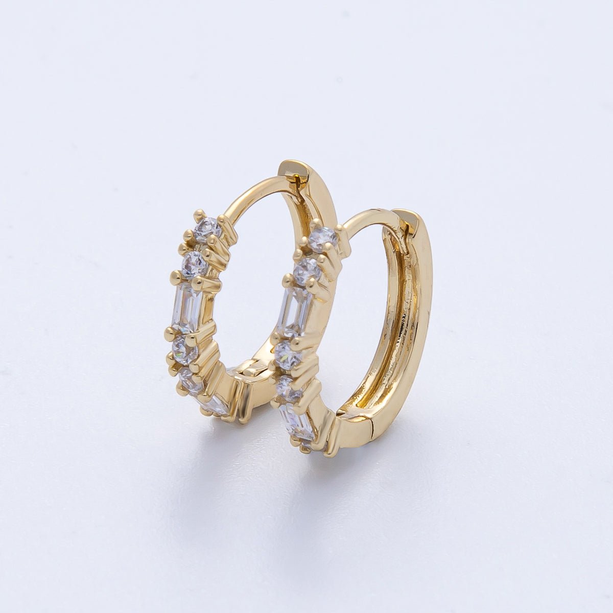 14K Gold Filled 12.5mm Clear CZ Round Baguette Cartilage Huggie Earrings | Earrings - 00096 - DLUXCA