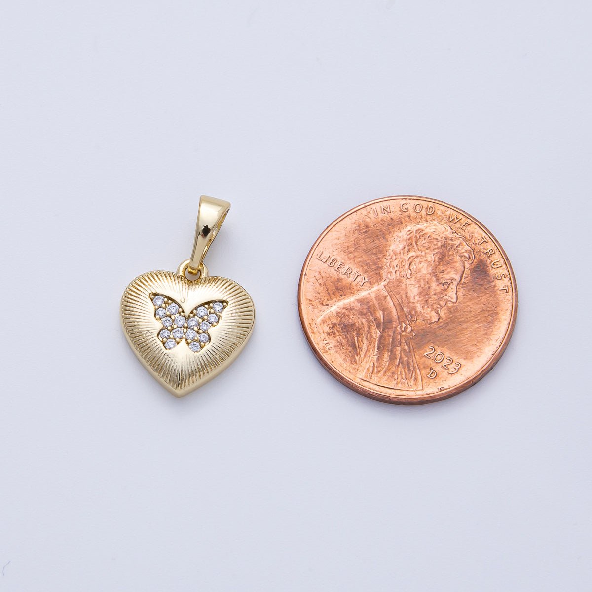 14K Gold Filled 12.5mm Micro Paved CZ Butterfly Ribbed Heart Pendant | Charms - 00087 - DLUXCA
