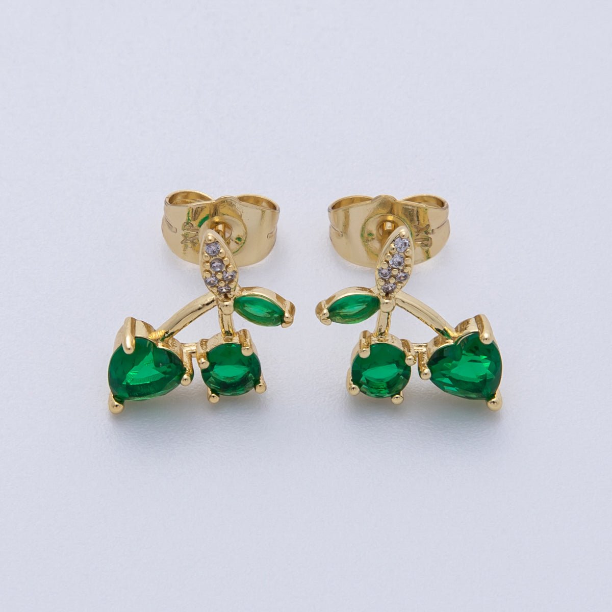 14K Gold Filled 12.5mm Red, Green CZ Cherry Fruit Stud Earrings | Earrings - 00025 Earrings - 00036 - DLUXCA