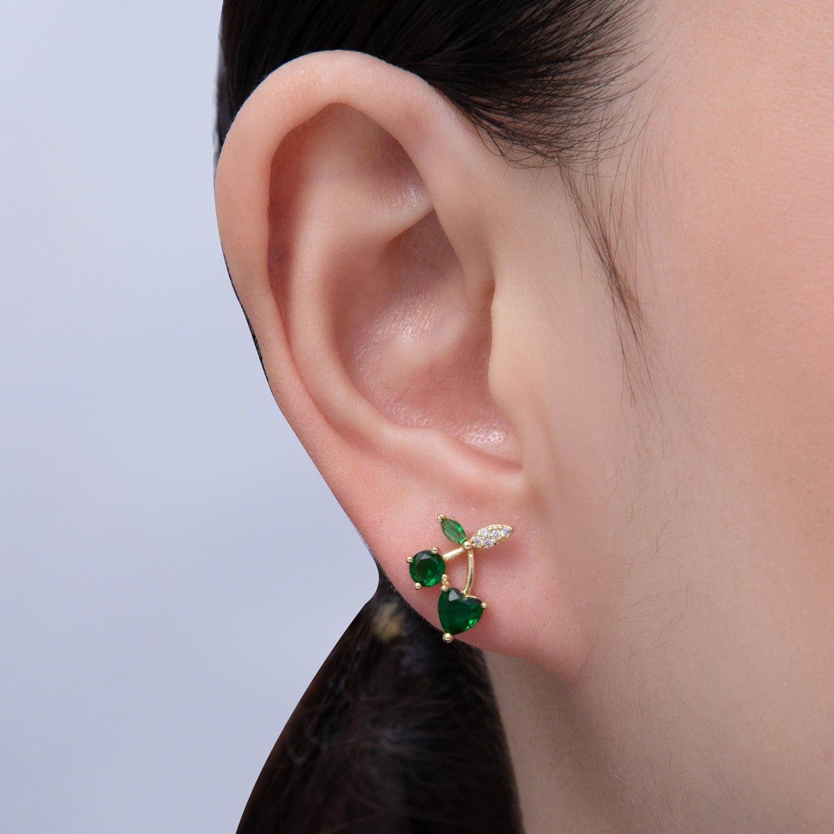 14K Gold Filled 12.5mm Red, Green CZ Cherry Fruit Stud Earrings | Earrings - 00025 Earrings - 00036 - DLUXCA