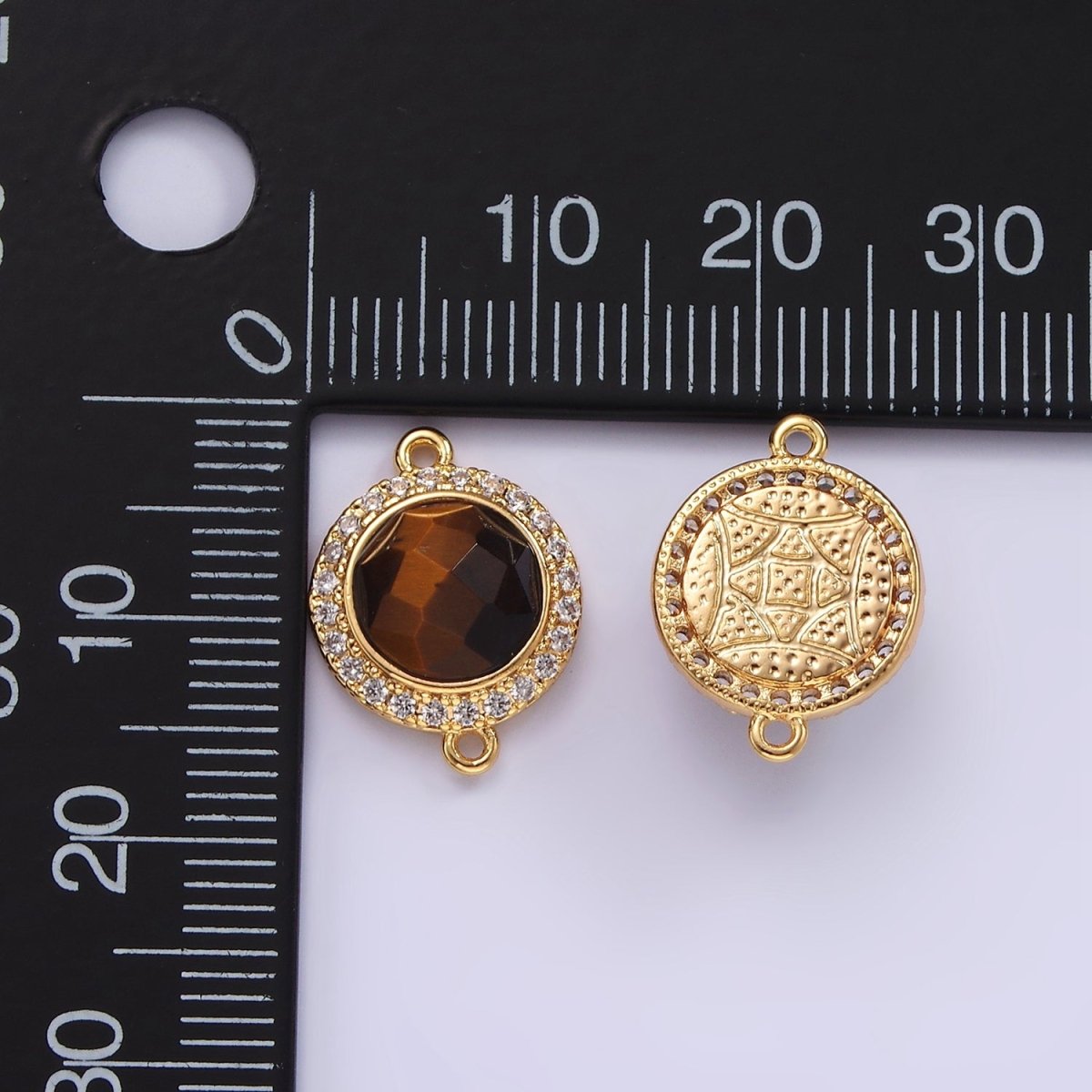 14K Gold Filled 12mm Multifaceted Natural Gemstone Micro Paved CZ Round Connector | G143 - G151 - DLUXCA