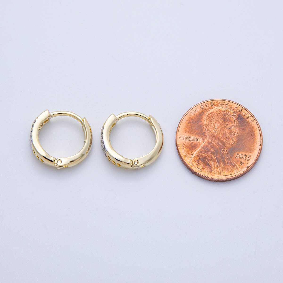 14K Gold Filled 13.5mm Micro Paved CZ Filigree Mixed Metal Huggie Earrings | Earrings - 00061 - DLUXCA