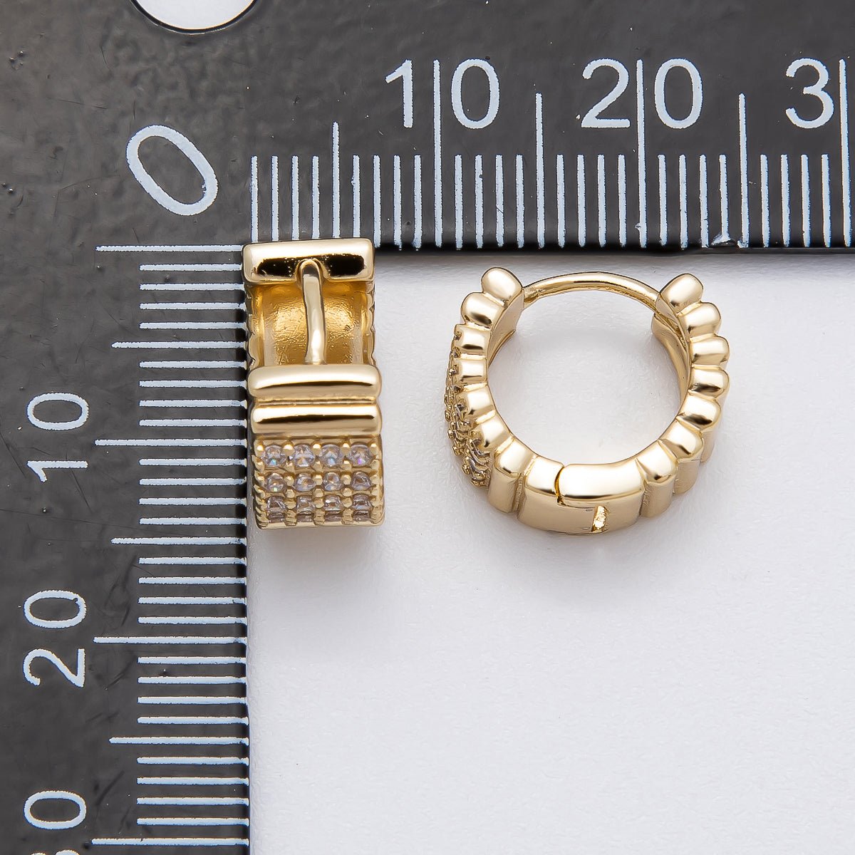 14K Gold Filled 13.5mm Micro Paved CZ Ribbed Rows Geometric Huggie | Earrings - 00263 - DLUXCA