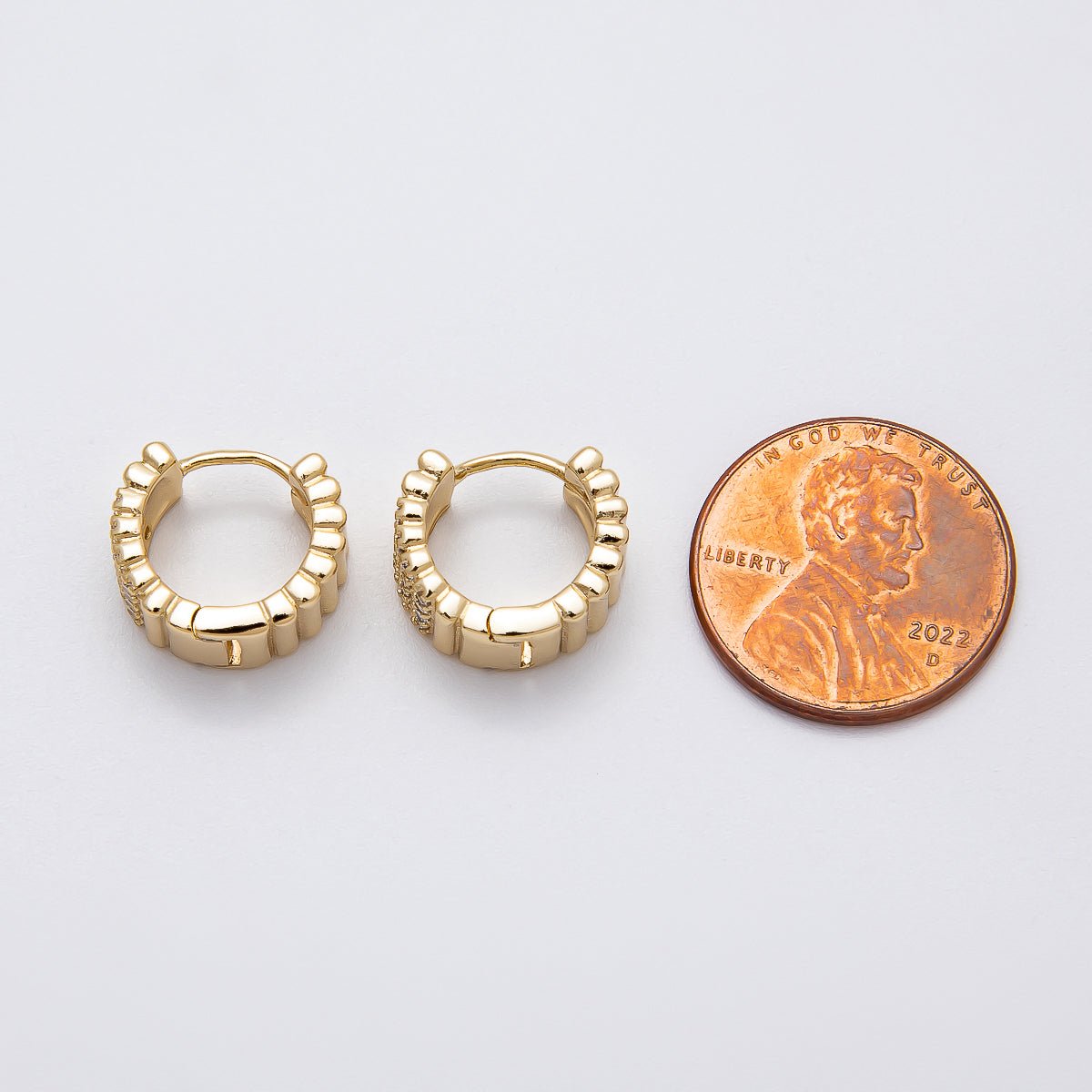 14K Gold Filled 13.5mm Micro Paved CZ Ribbed Rows Geometric Huggie | Earrings - 00263 - DLUXCA