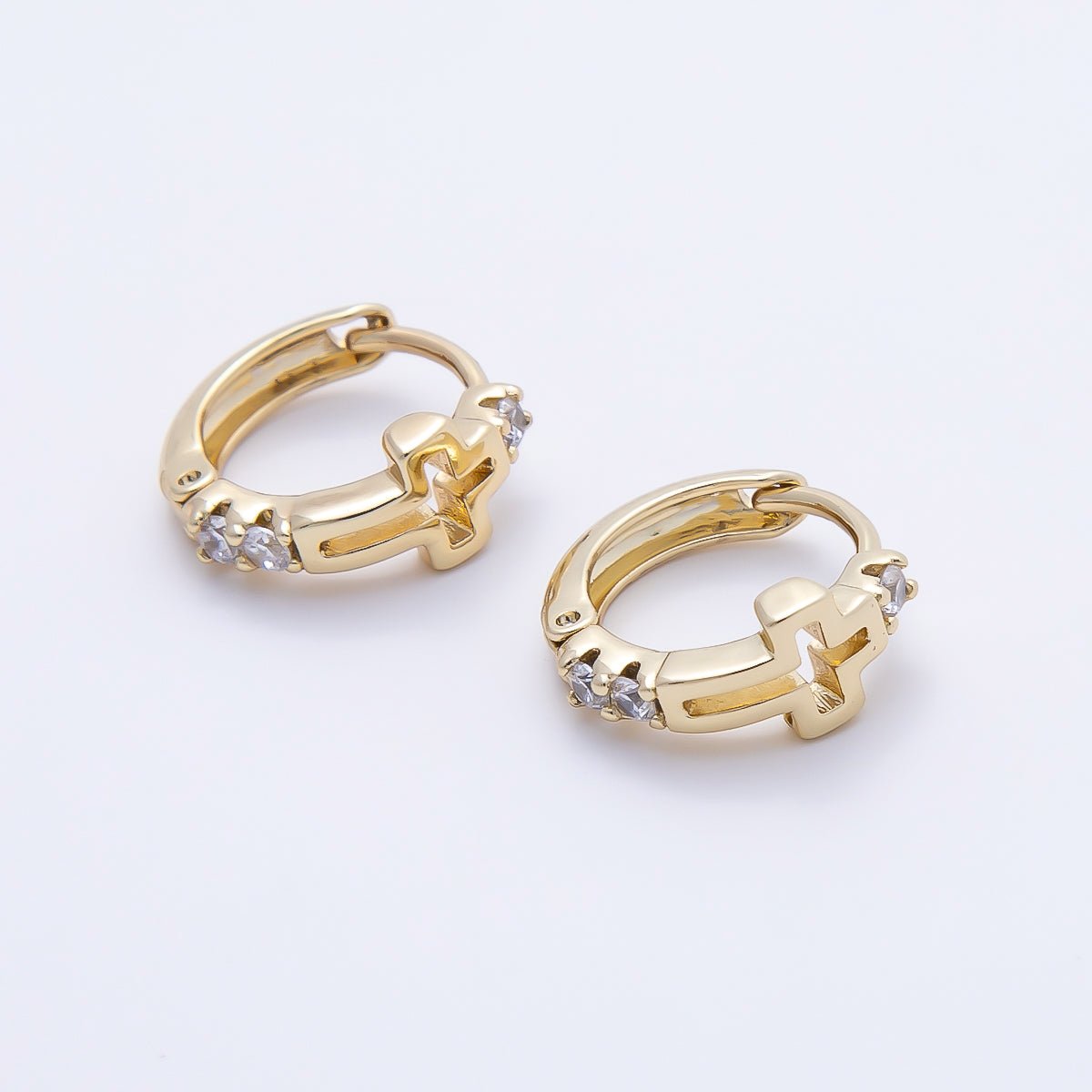 14K Gold Filled 13.5mm Open Cross Outline Micro Paved CZ Huggie Earrings | Earrings-00642 - DLUXCA