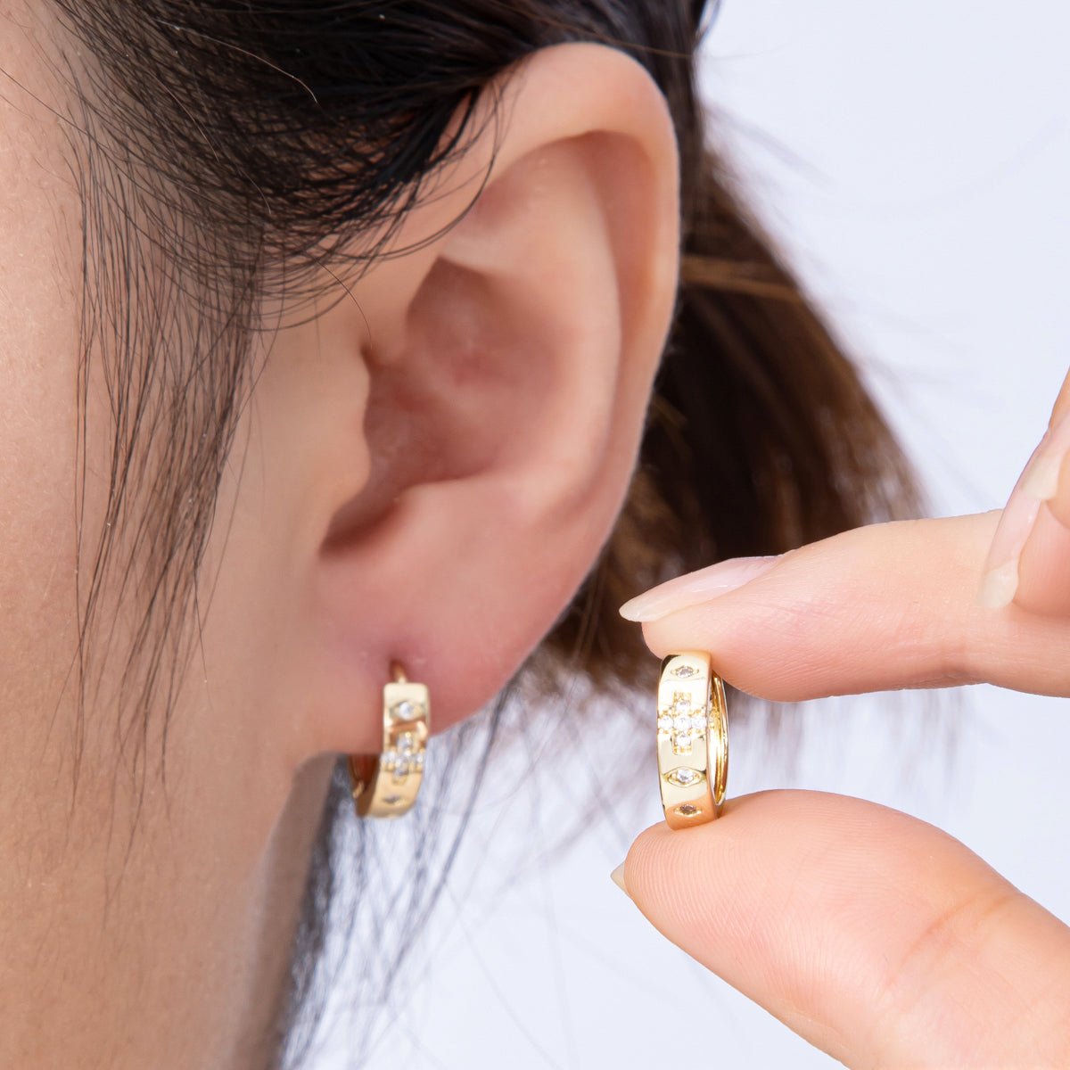 14K Gold Filled 13mm Clear CZ Dotted Cross Cartilage Huggie Earrings | EARRINGS - 00179 - DLUXCA