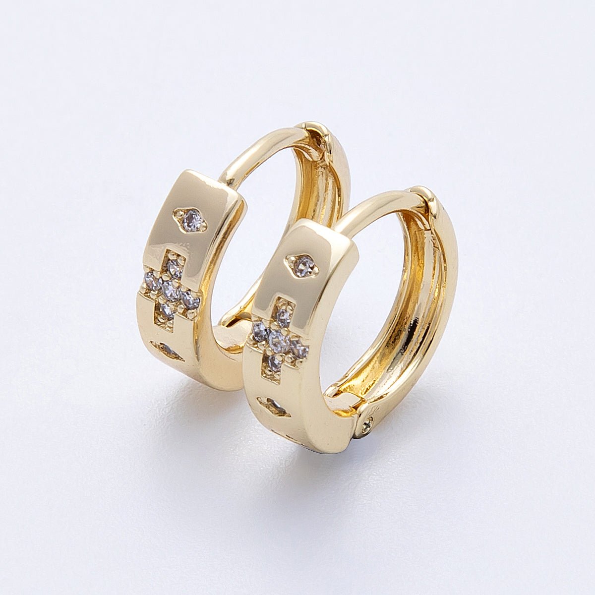 14K Gold Filled 13mm Clear CZ Dotted Cross Cartilage Huggie Earrings | EARRINGS - 00179 - DLUXCA