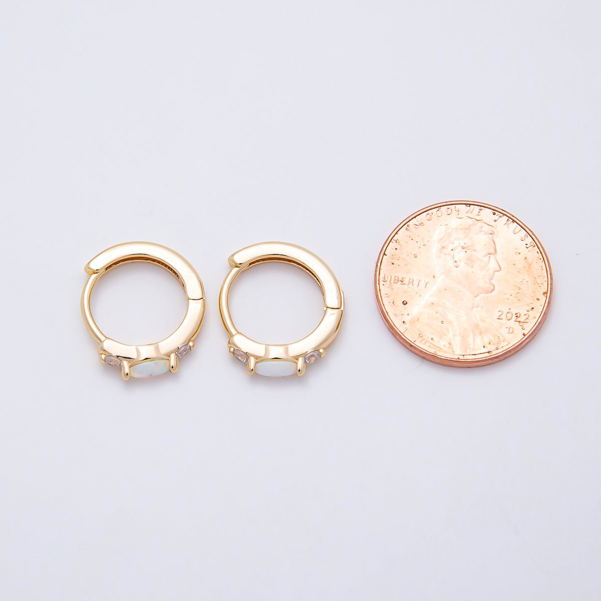 14K Gold Filled 13mm Clear CZ White Opal Cartilage Huggie | Earrings-00457 - DLUXCA