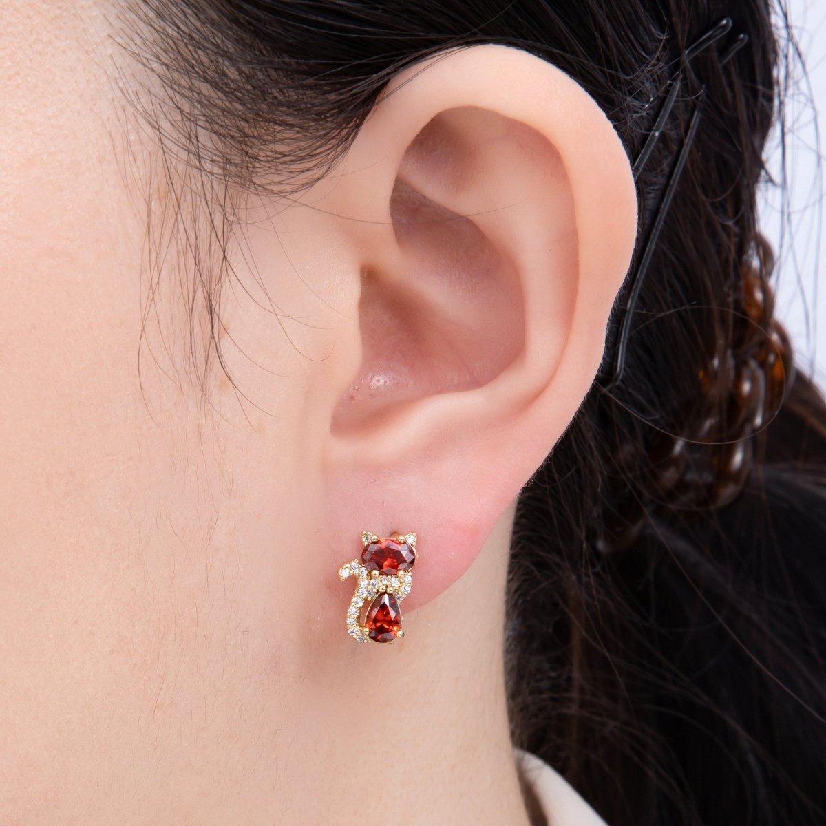14K Gold Filled 13mm Clear, Green, Red CZ Micro Paved Cat Kitten Pet Huggie Set | Earrings - 00189 ~ Earrings - 00191 - DLUXCA