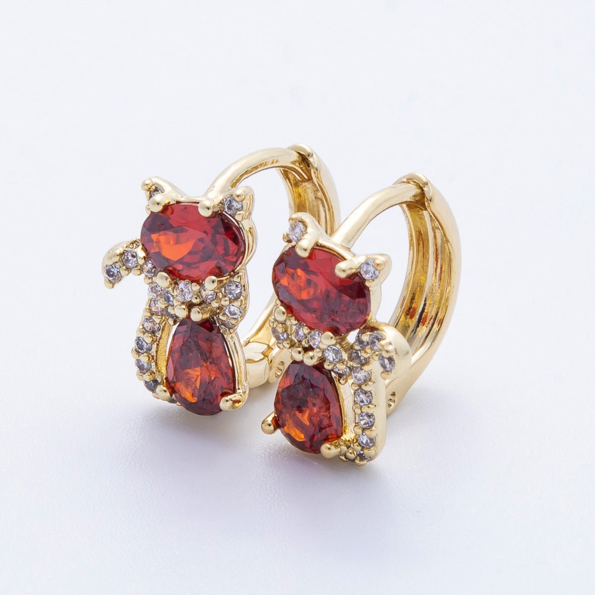 14K Gold Filled 13mm Clear, Green, Red CZ Micro Paved Cat Kitten Pet Huggie Set | Earrings - 00189 ~ Earrings - 00191 - DLUXCA