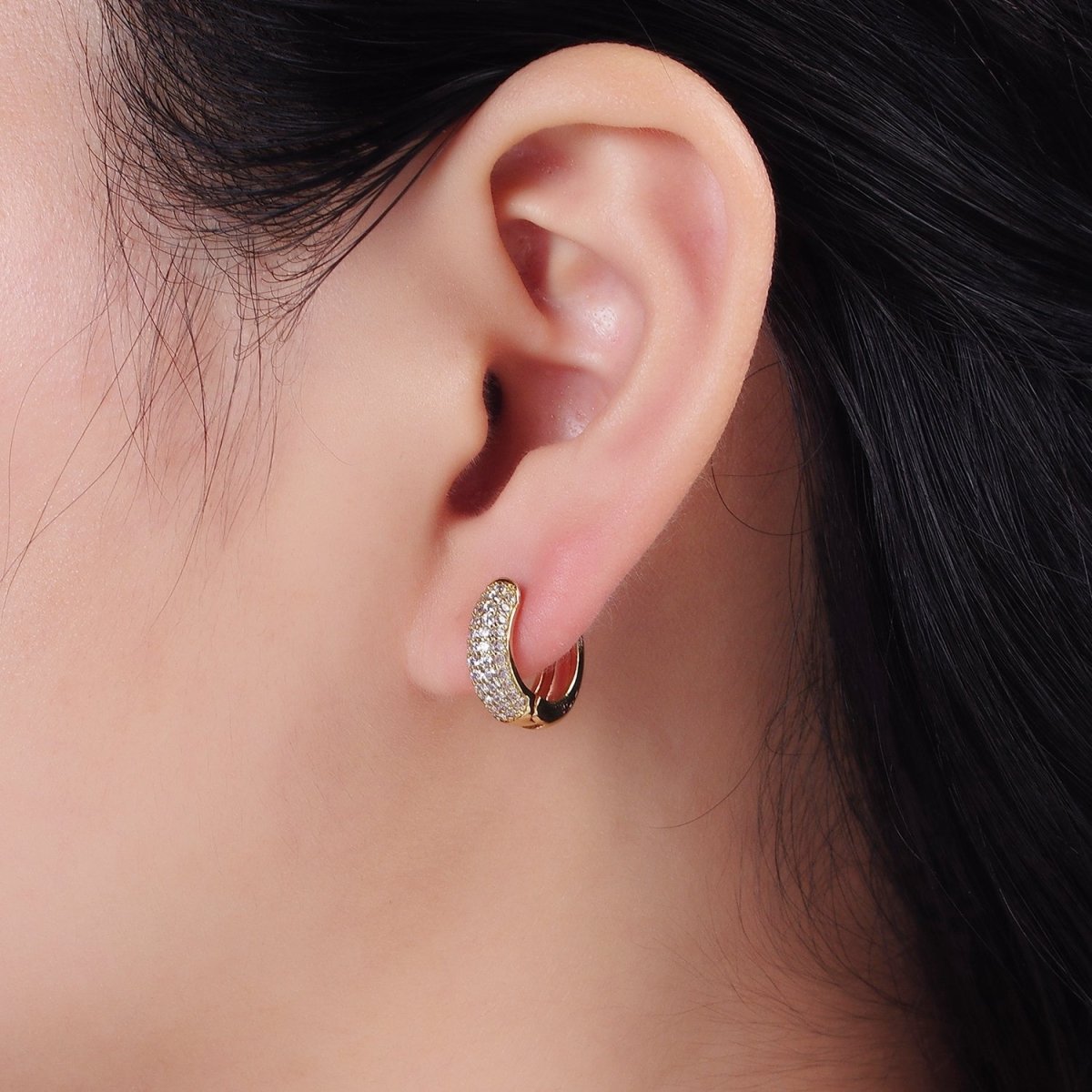 14K Gold Filled 14.5mm Micro Paved CZ Huggie Hoop Earrings | AE720 - DLUXCA