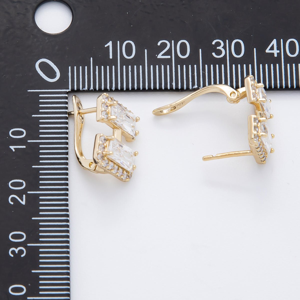 14K Gold Filled 14mm Clear Baguette Micro Paved CZ English Lock Hoops Earrings | AJ243 - DLUXCA