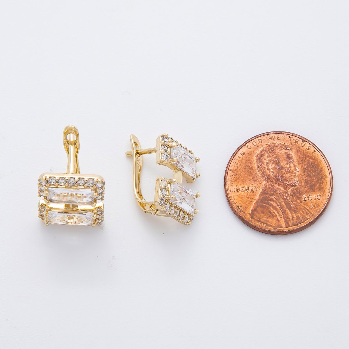 14K Gold Filled 14mm Clear Baguette Micro Paved CZ English Lock Hoops Earrings | AJ243 - DLUXCA