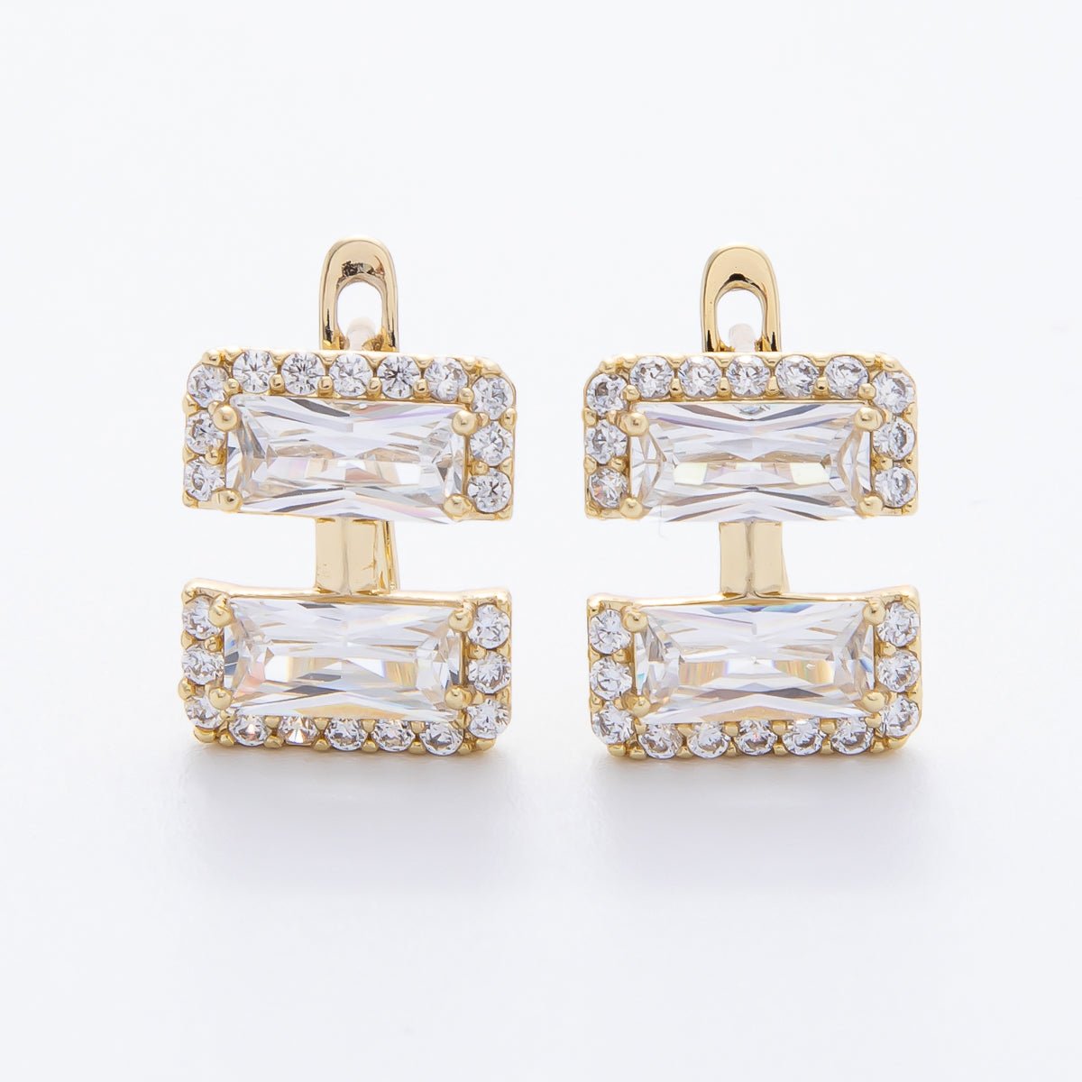 14K Gold Filled 14mm Clear Baguette Micro Paved CZ English Lock Hoops Earrings | AJ243 - DLUXCA
