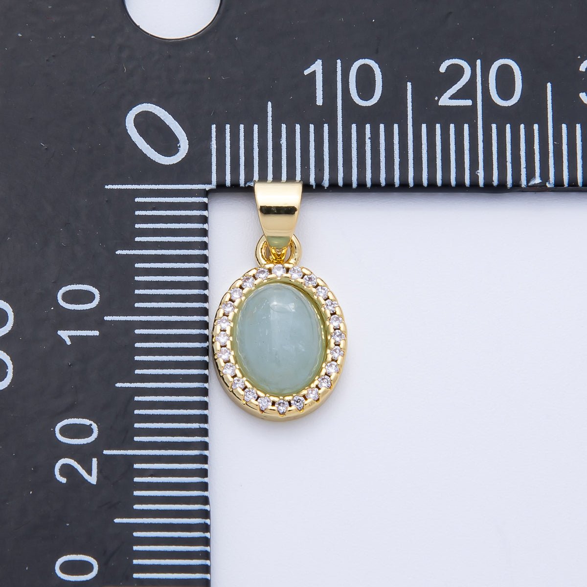 14K Gold Filled 14mm Micro Paved CZ Blue Aquamarine Cabochon Oval Pendant | Charms - 00322 - DLUXCA