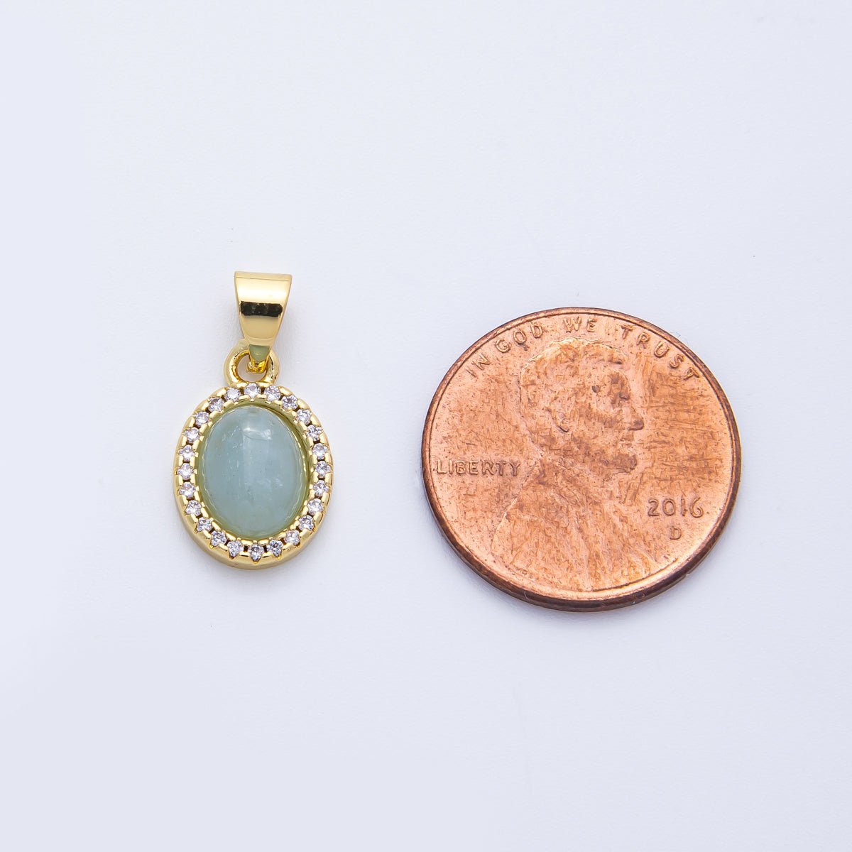 14K Gold Filled 14mm Micro Paved CZ Blue Aquamarine Cabochon Oval Pendant | Charms - 00322 - DLUXCA