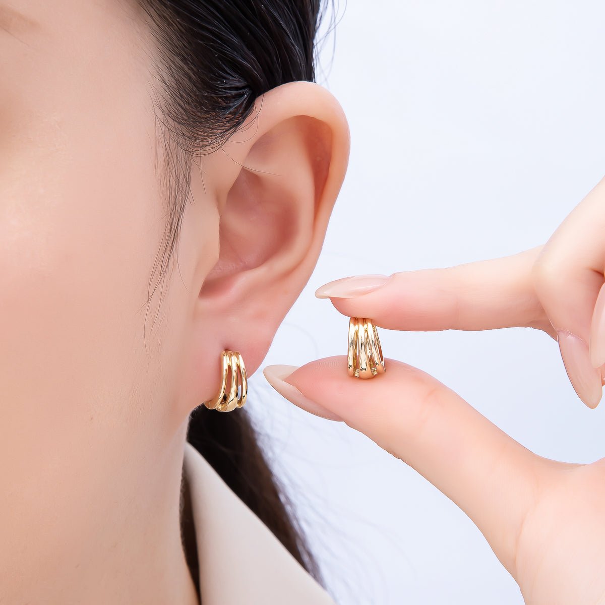 14K Gold Filled 14mm Minimalist Triple Band Cartilage Huggie Earrings | Earrings - 00276 - DLUXCA