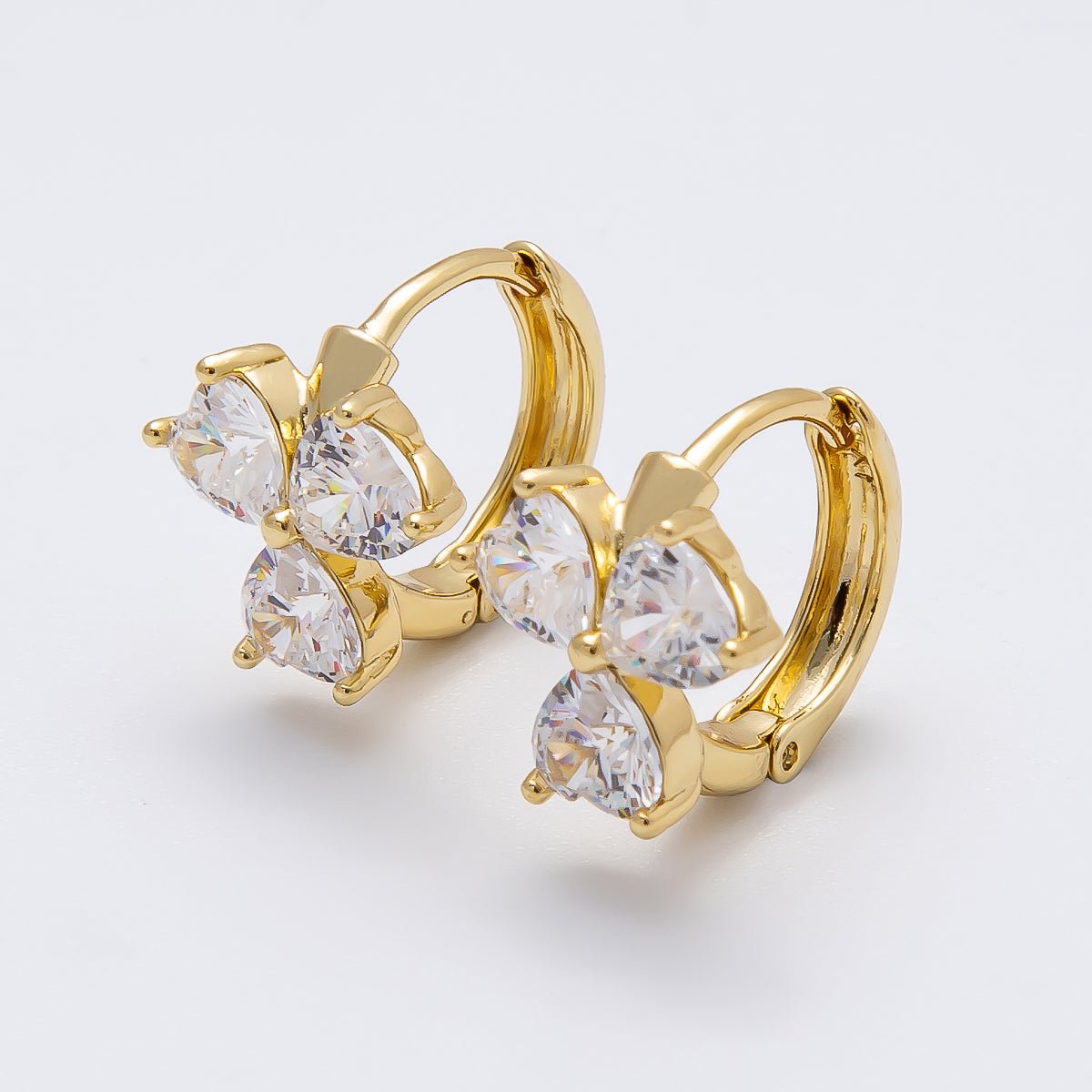 14K Gold Filled 15.5mm Clear CZ Clover Flower Huggie Earrings | Earrings - 00269 - DLUXCA