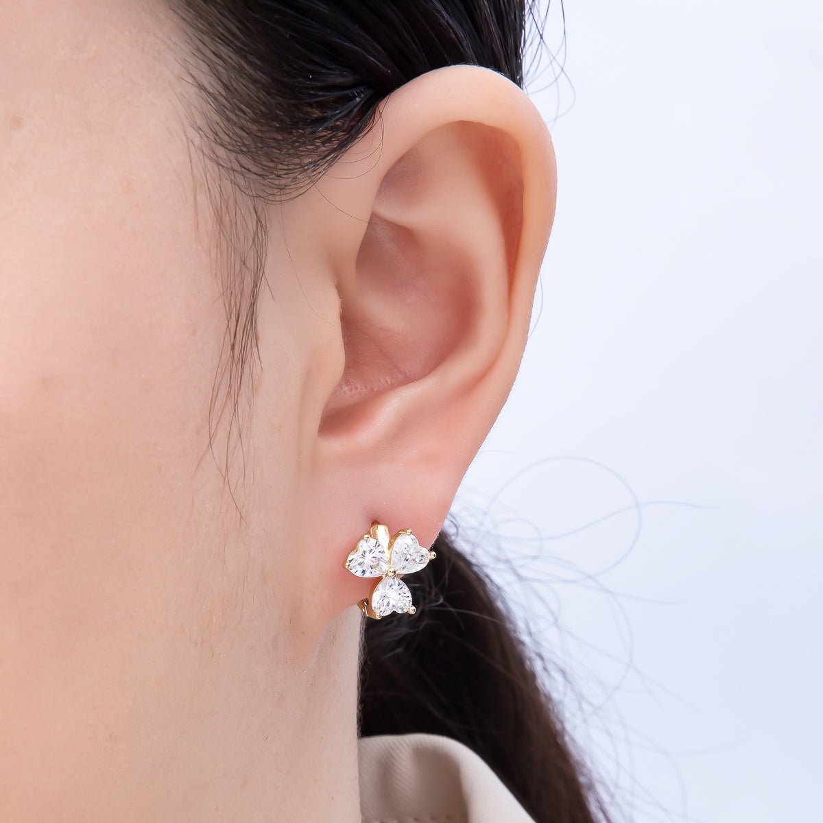 14K Gold Filled 15.5mm Clear CZ Clover Flower Huggie Earrings | Earrings - 00269 - DLUXCA