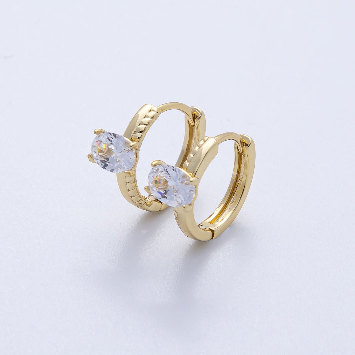14K Gold Filled 15.5mm Clear CZ Ribbed Huggie Earrings | Earrings - 00068 - DLUXCA