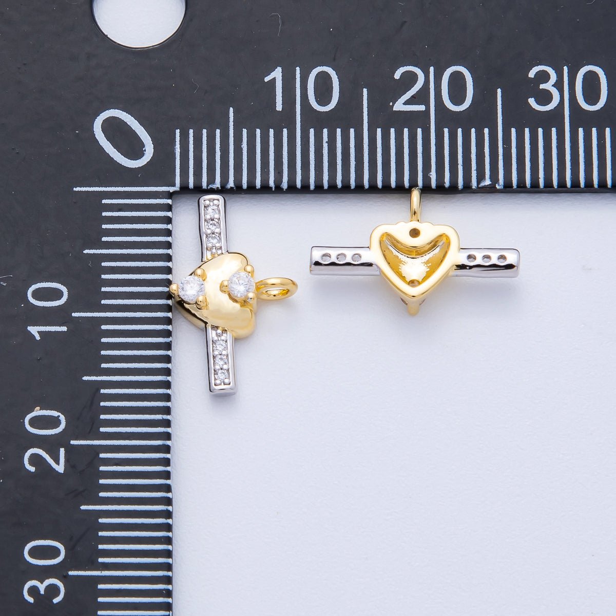 14K Gold Filled 15.5mm Micro Paved CZ Heart Bar Mini Mixed Metal Charm | Charms - 00044 - DLUXCA