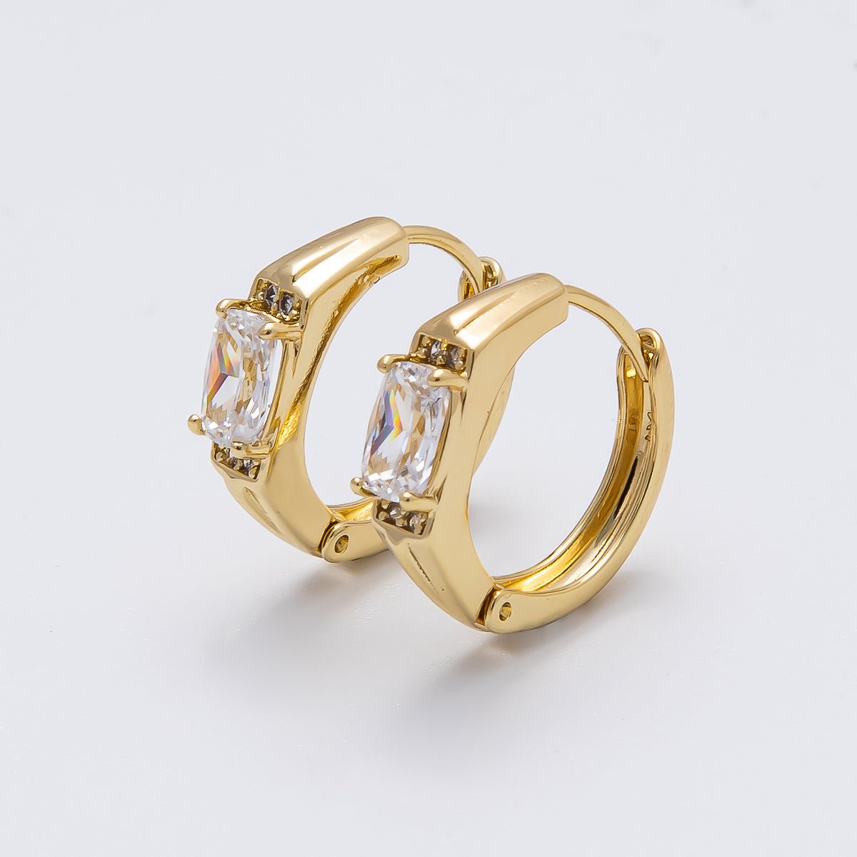 14K Gold Filled 15mm Baguette Micro Paved Cartilage Hexagon Huggie Earrings | Earrings - 00271 - DLUXCA