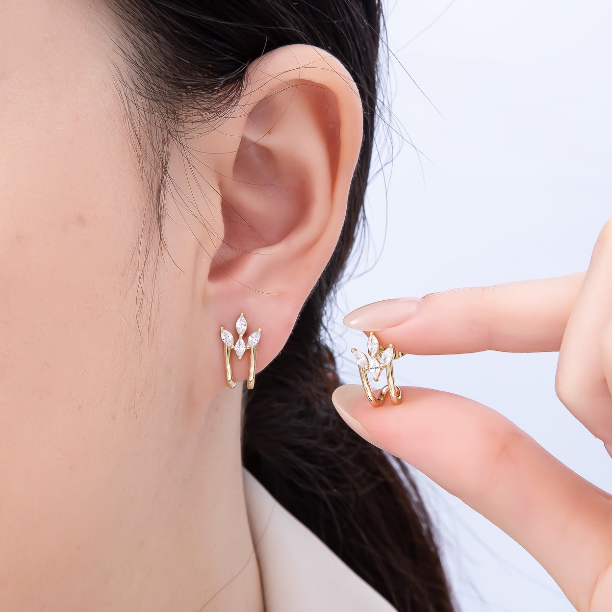 14K Gold Filled 15mm Clear Marquise CZ Claw J - Shaped Hoop Earrings | Earrings - 00273 - DLUXCA