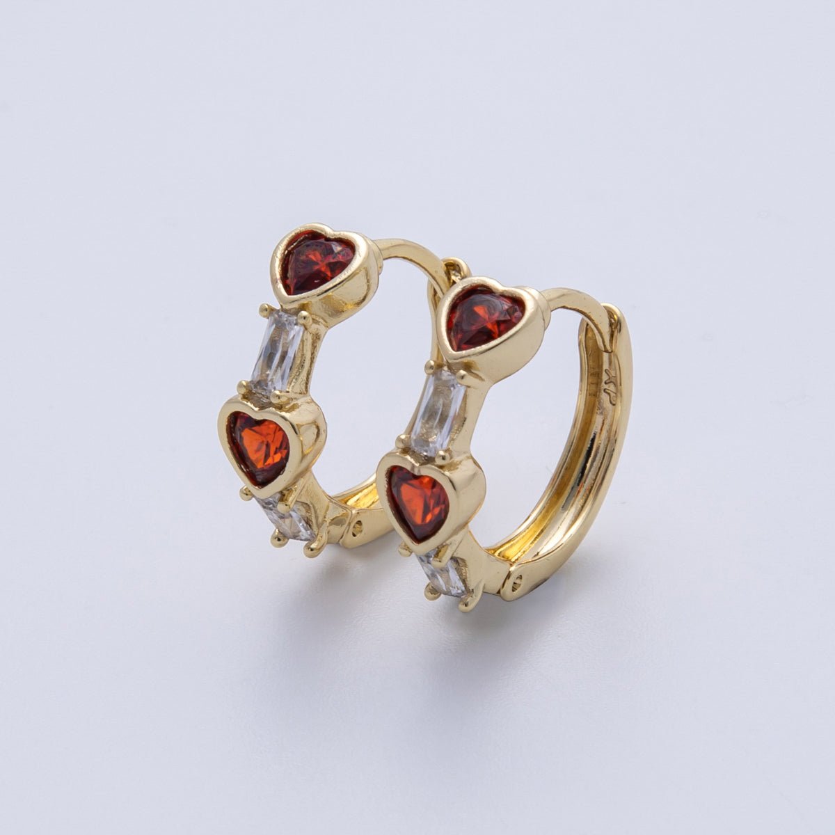 14K Gold Filled 15mm CZ Baguette Red Heart Huggie Earrings | Earrings - 00133 - DLUXCA