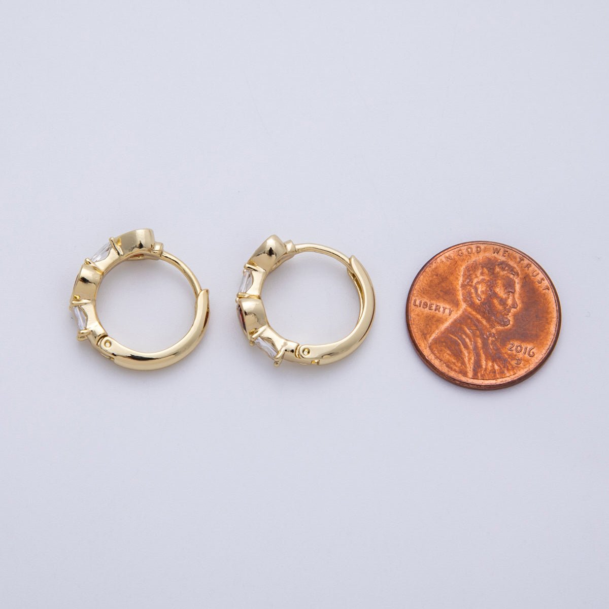 14K Gold Filled 15mm CZ Baguette Red Heart Huggie Earrings | Earrings - 00133 - DLUXCA