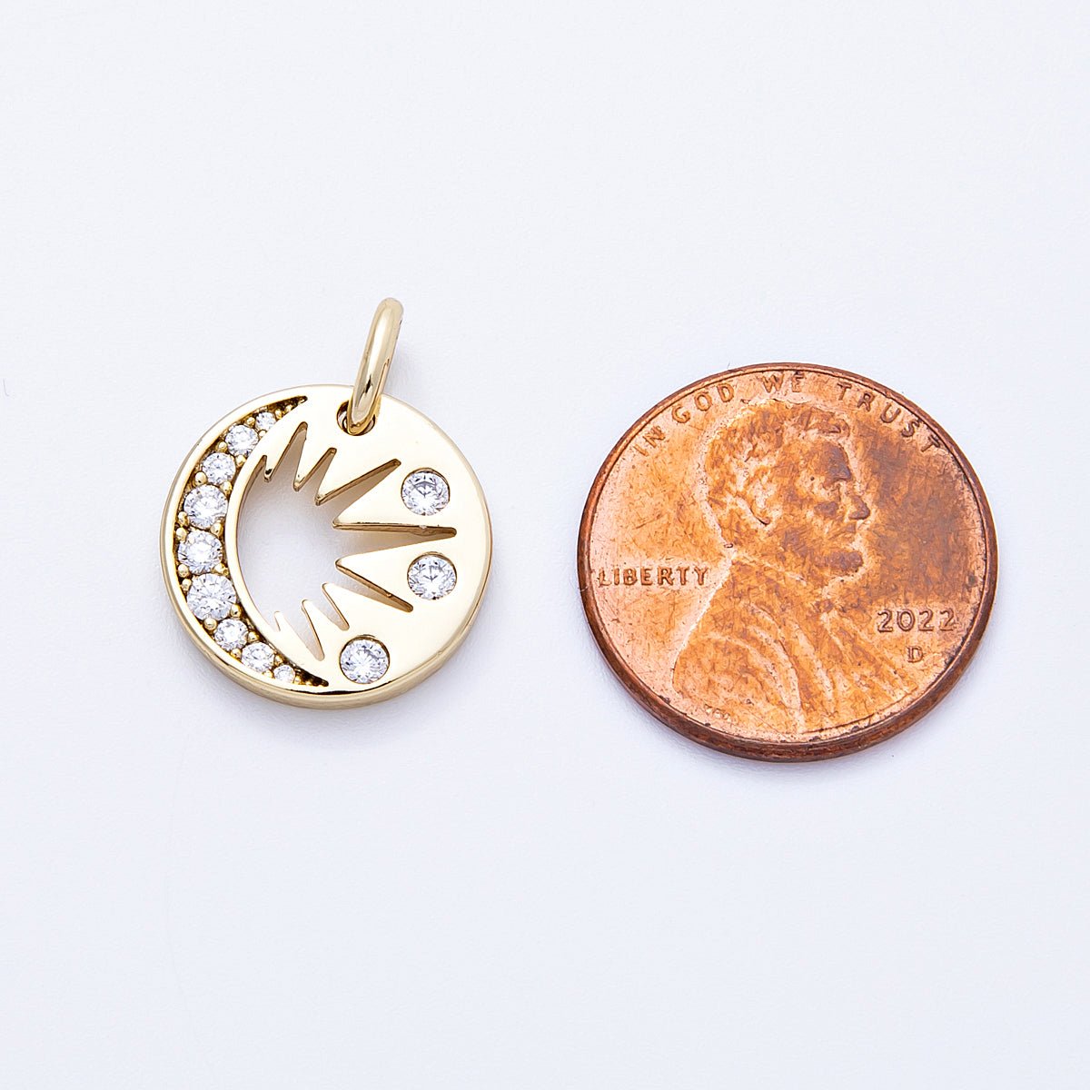14K Gold Filled 15mm Micro Paved CZ Celestial Moon Sun Round Charm | Charms - 000328 - DLUXCA
